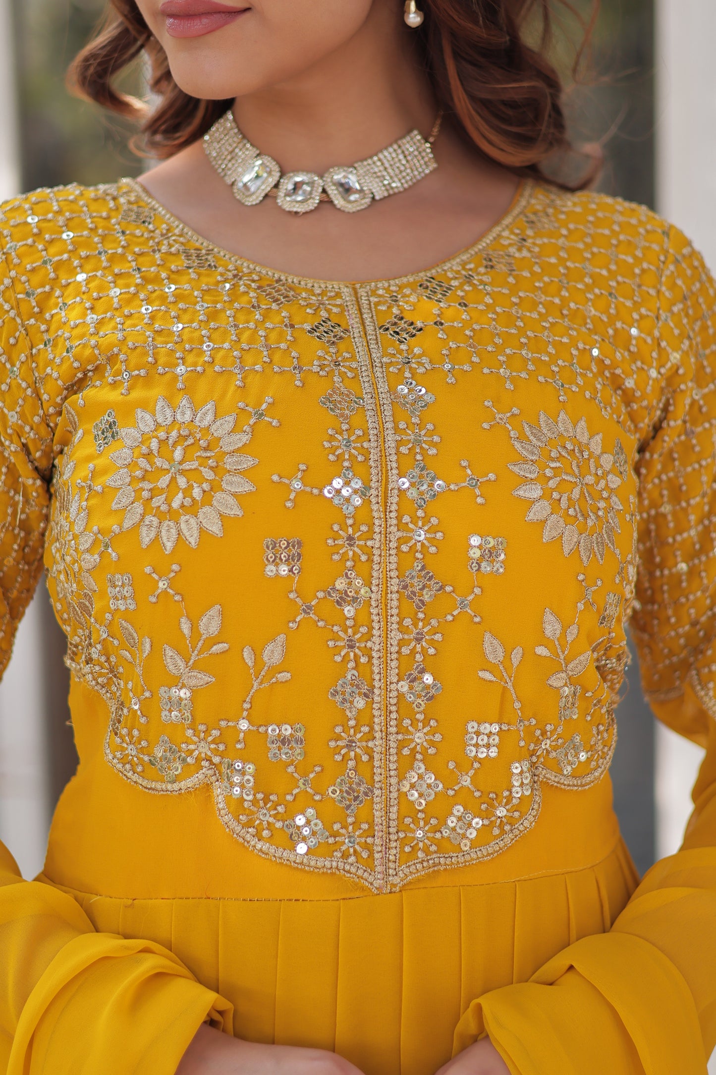 Elegant Faux Blooming Georgette Gown with Dupatta – Embroidered Work & Border Gathering