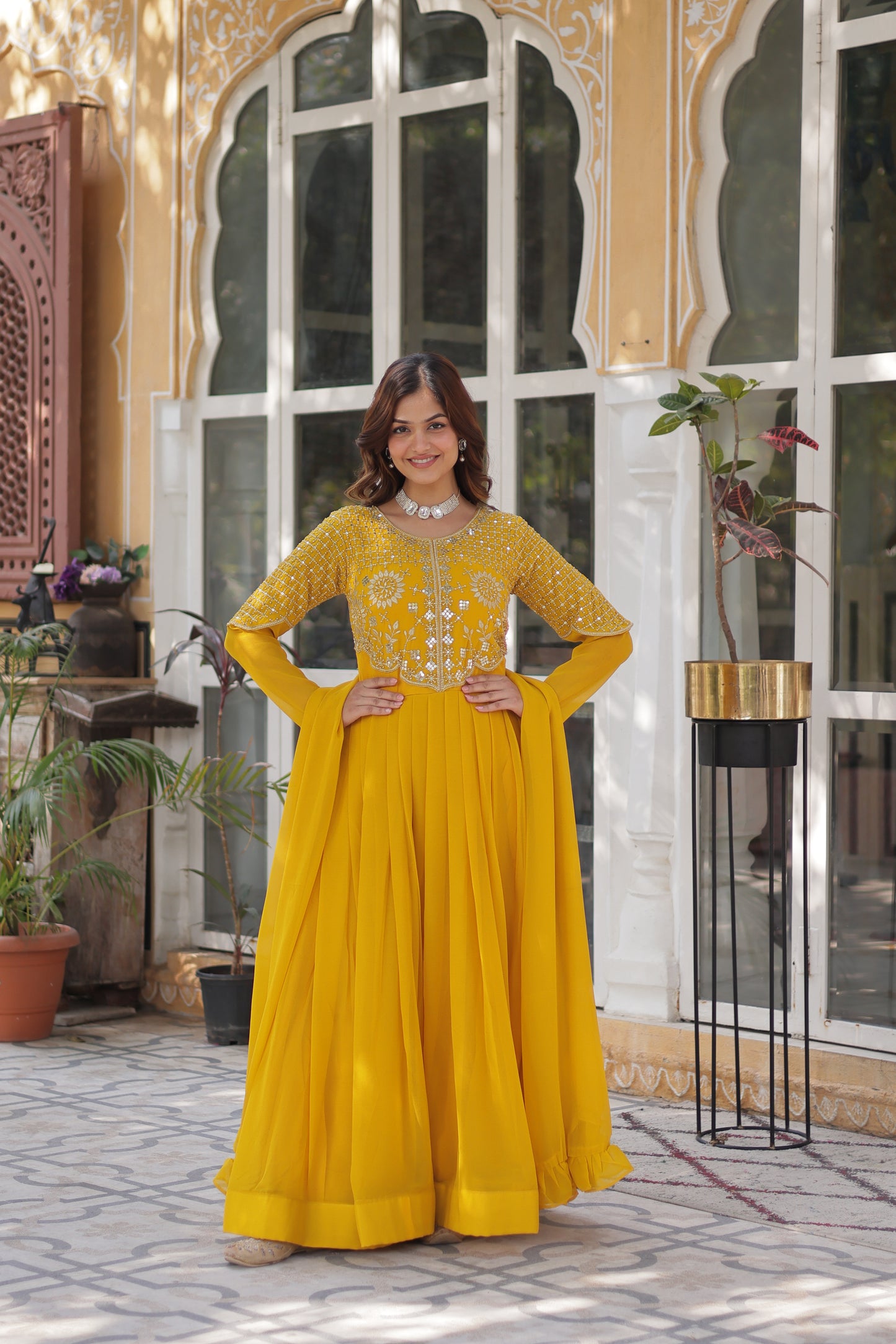 Elegant Faux Blooming Georgette Gown with Dupatta – Embroidered Work & Border Gathering