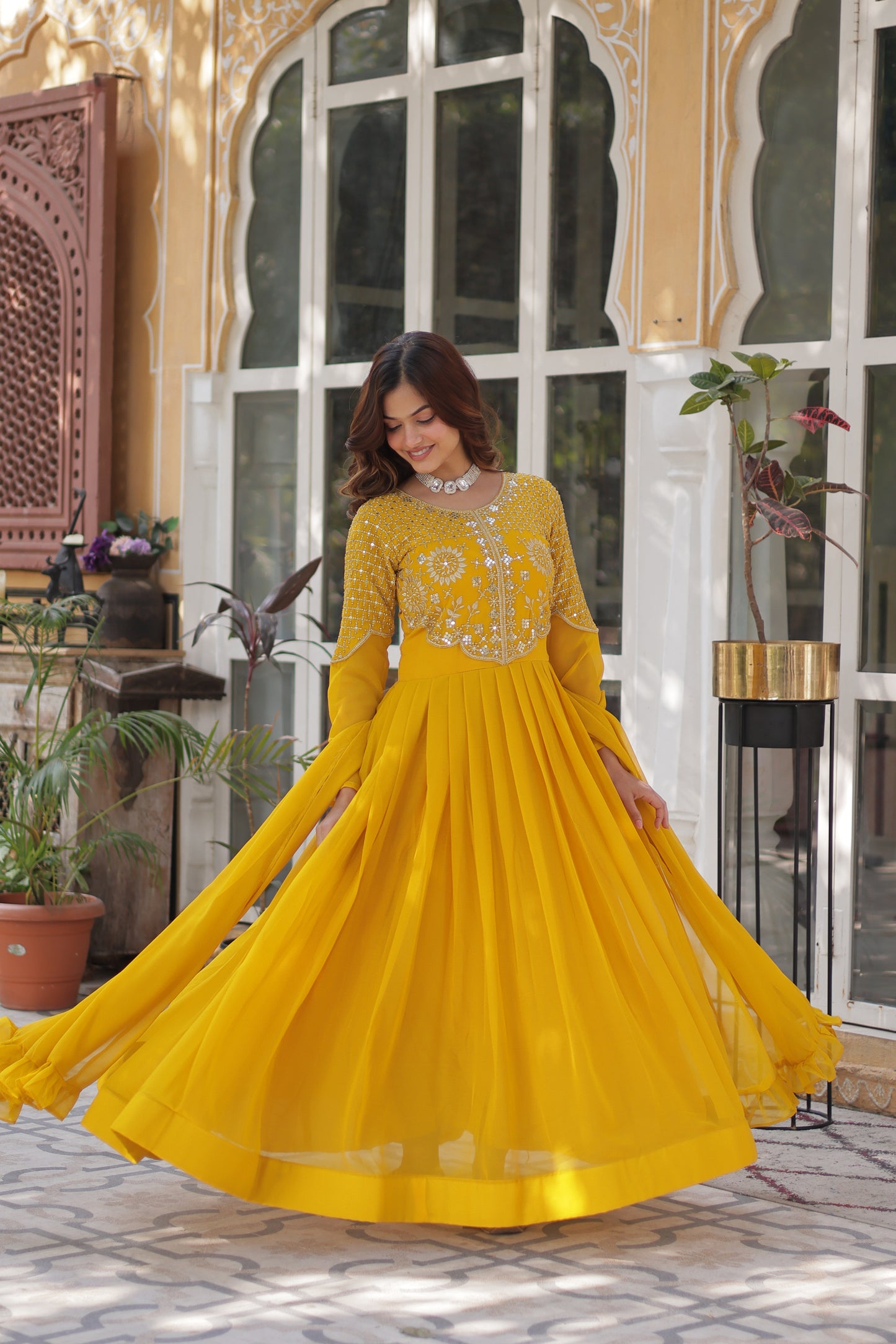 Elegant Faux Blooming Georgette Gown with Dupatta – Embroidered Work & Border Gathering