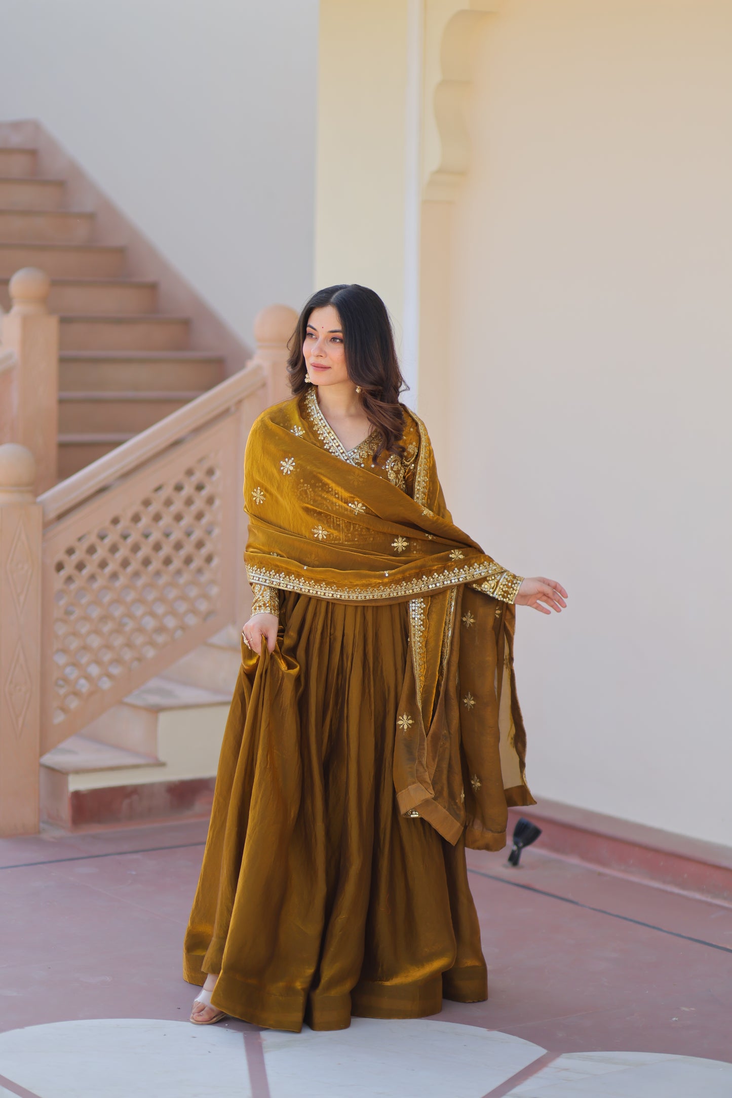 Premium Embroidered Gown with Dupatta for Women – Fendy Fabric with Zari & Sequins Work