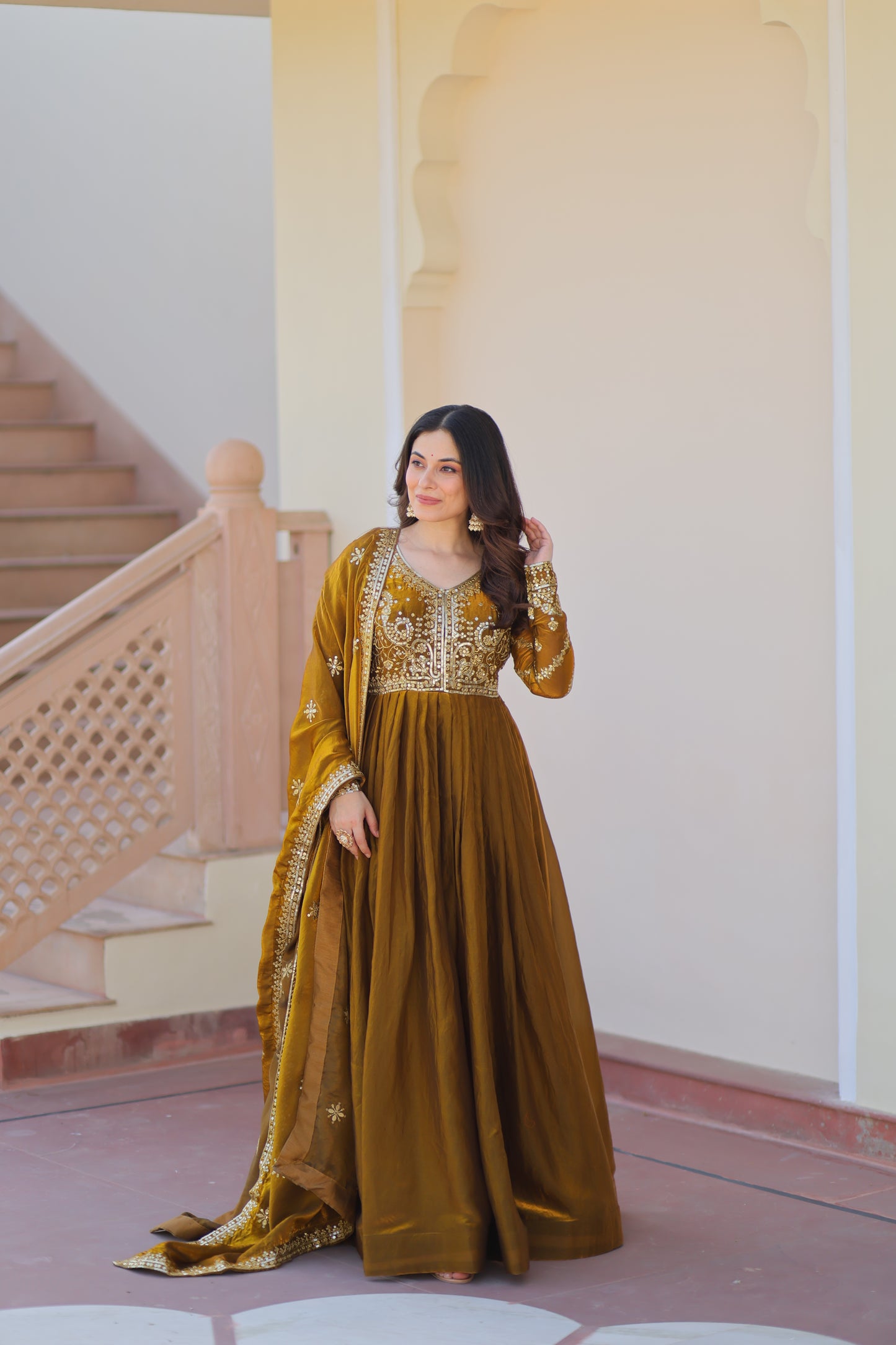 Premium Embroidered Gown with Dupatta for Women – Fendy Fabric with Zari & Sequins Work