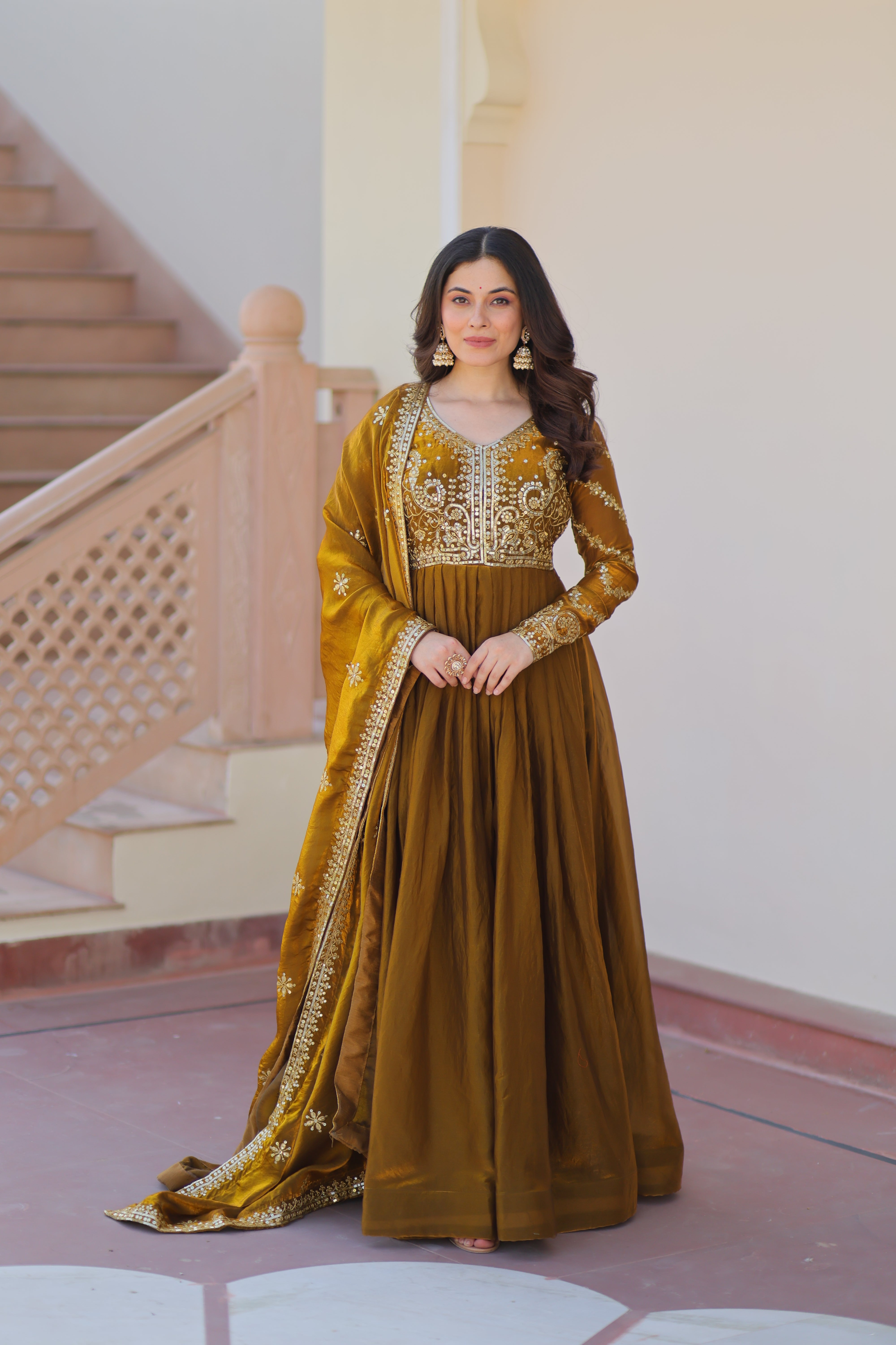 Premium Embroidered Gown with Dupatta for Women – Fendy Fabric with Zari & Sequins Work