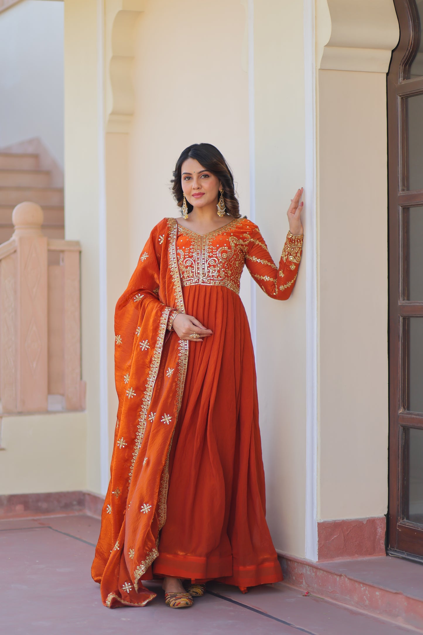 Premium Embroidered Gown with Dupatta for Women – Fendy Fabric with Zari & Sequins Work