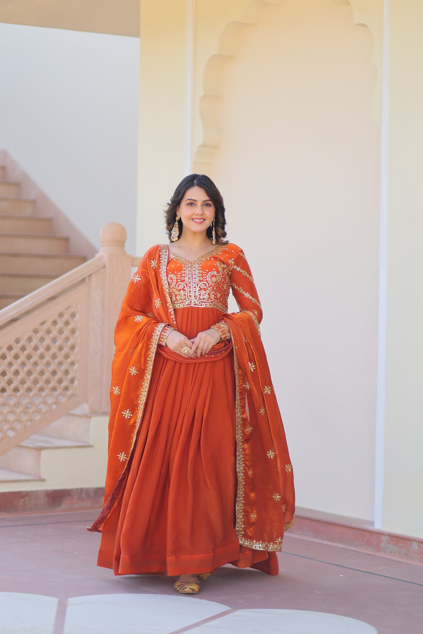 Premium Embroidered Gown with Dupatta for Women – Fendy Fabric with Zari & Sequins Work