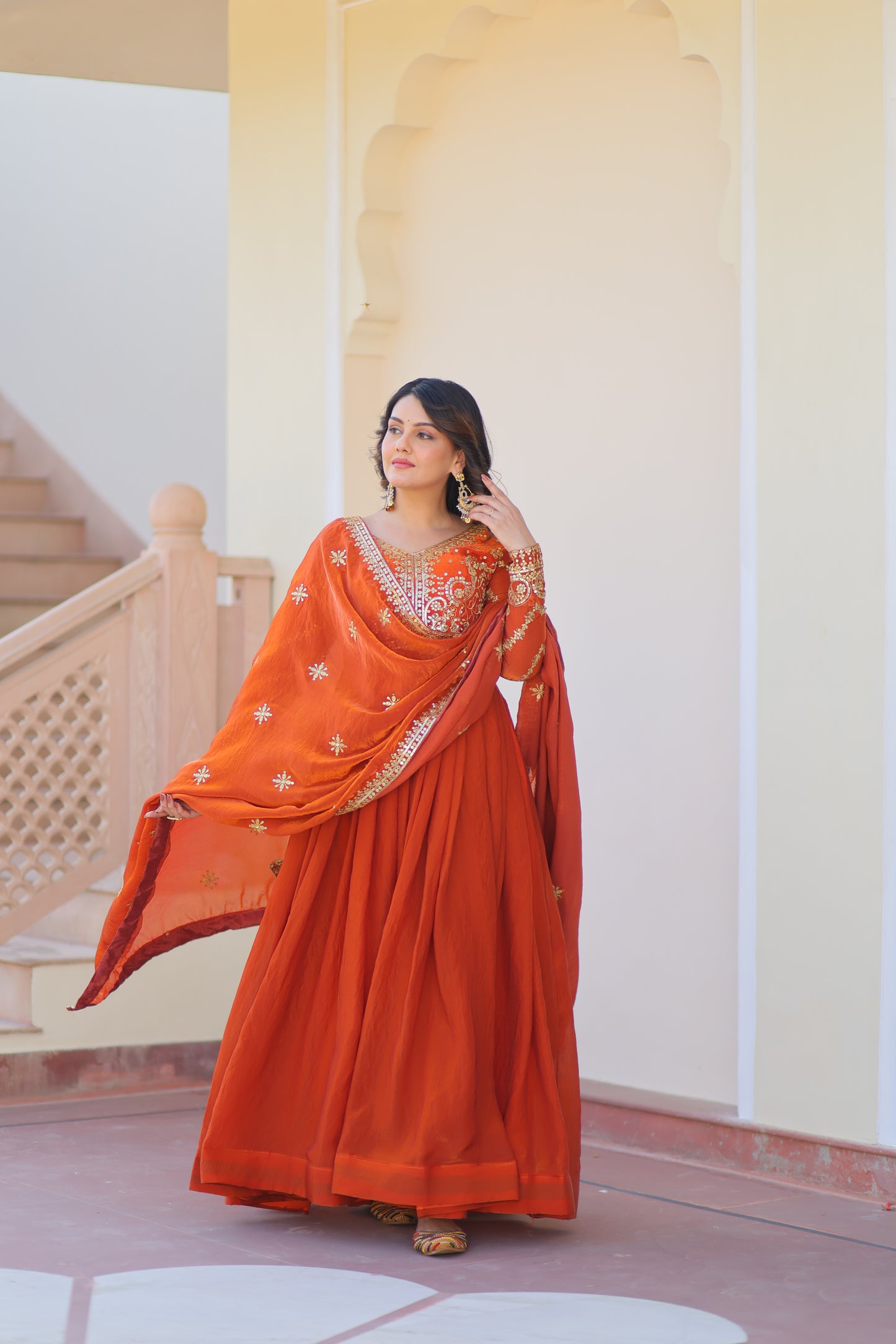 Premium Embroidered Gown with Dupatta for Women – Fendy Fabric with Zari & Sequins Work