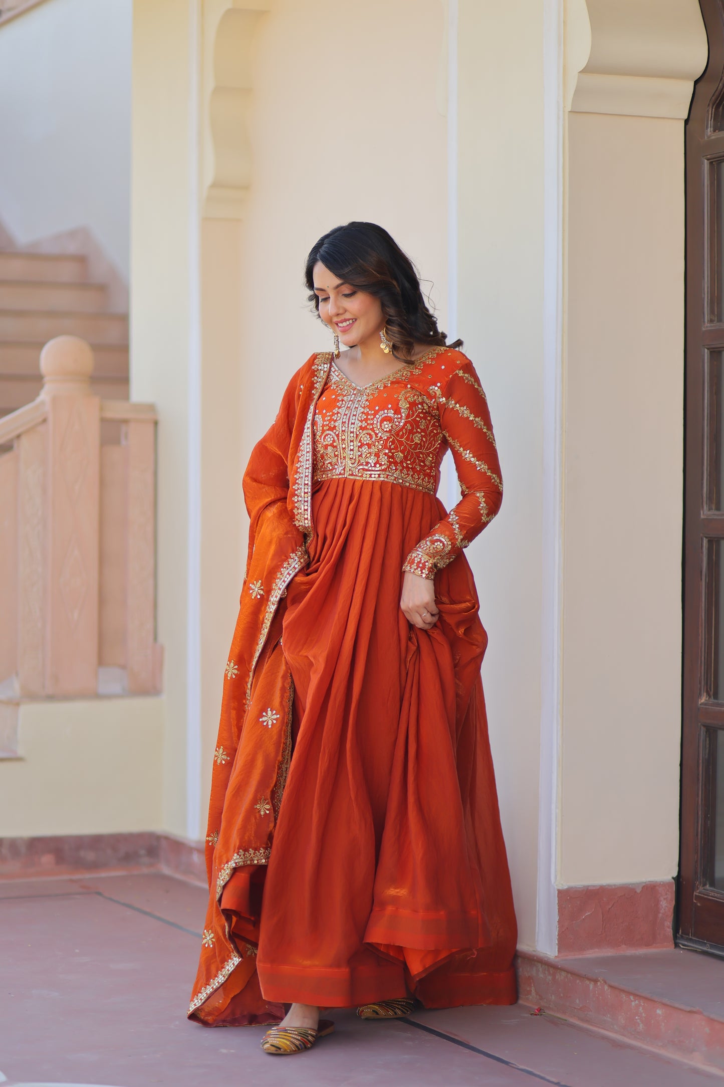 Premium Embroidered Gown with Dupatta for Women – Fendy Fabric with Zari & Sequins Work