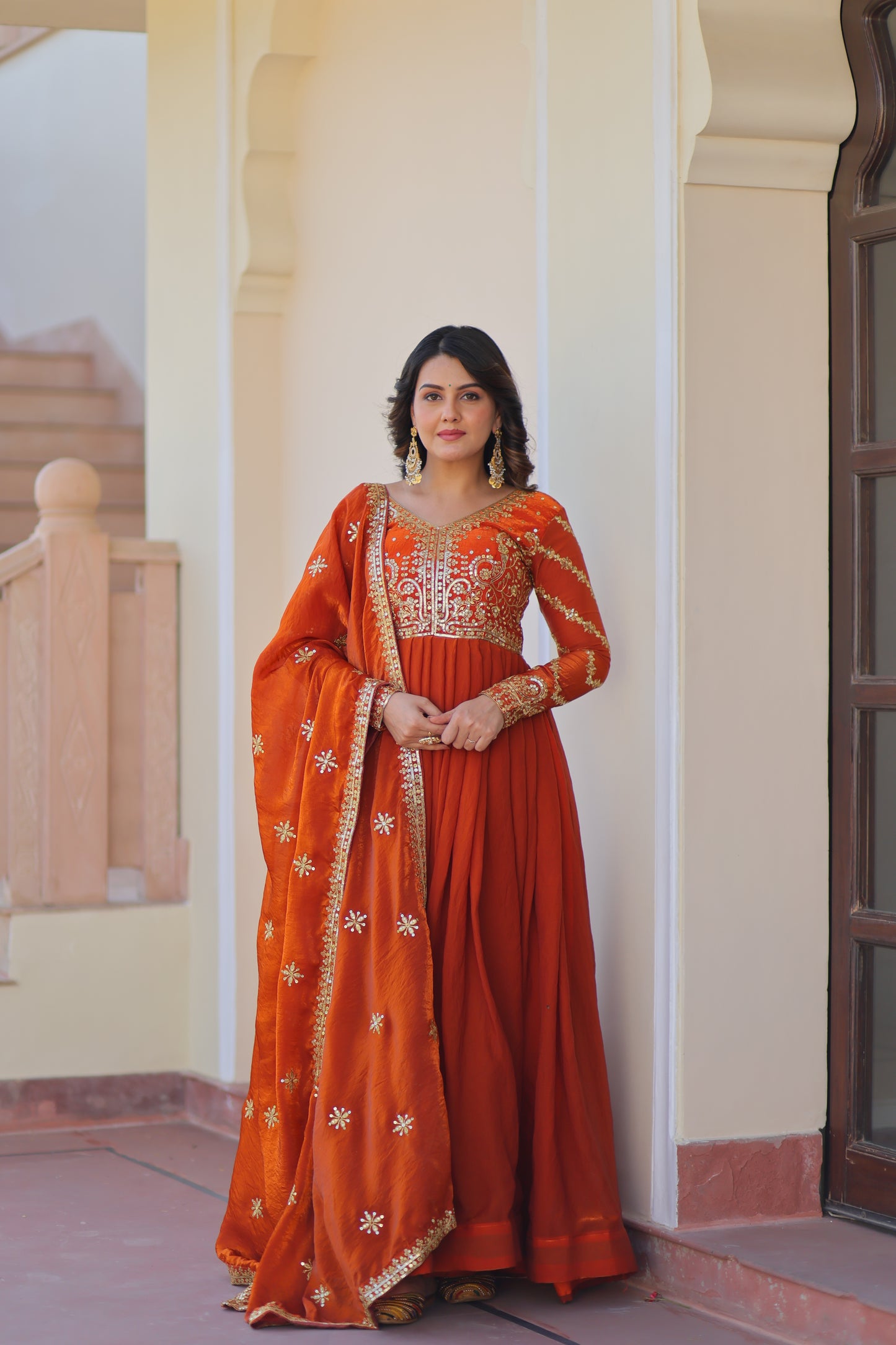 Premium Embroidered Gown with Dupatta for Women – Fendy Fabric with Zari & Sequins Work