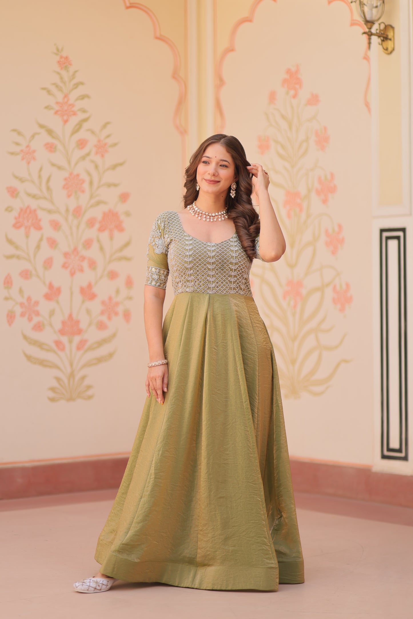 Premium Fendy Embroidered Designer Gown – Readymade Kali Stitch with Canvas Patta