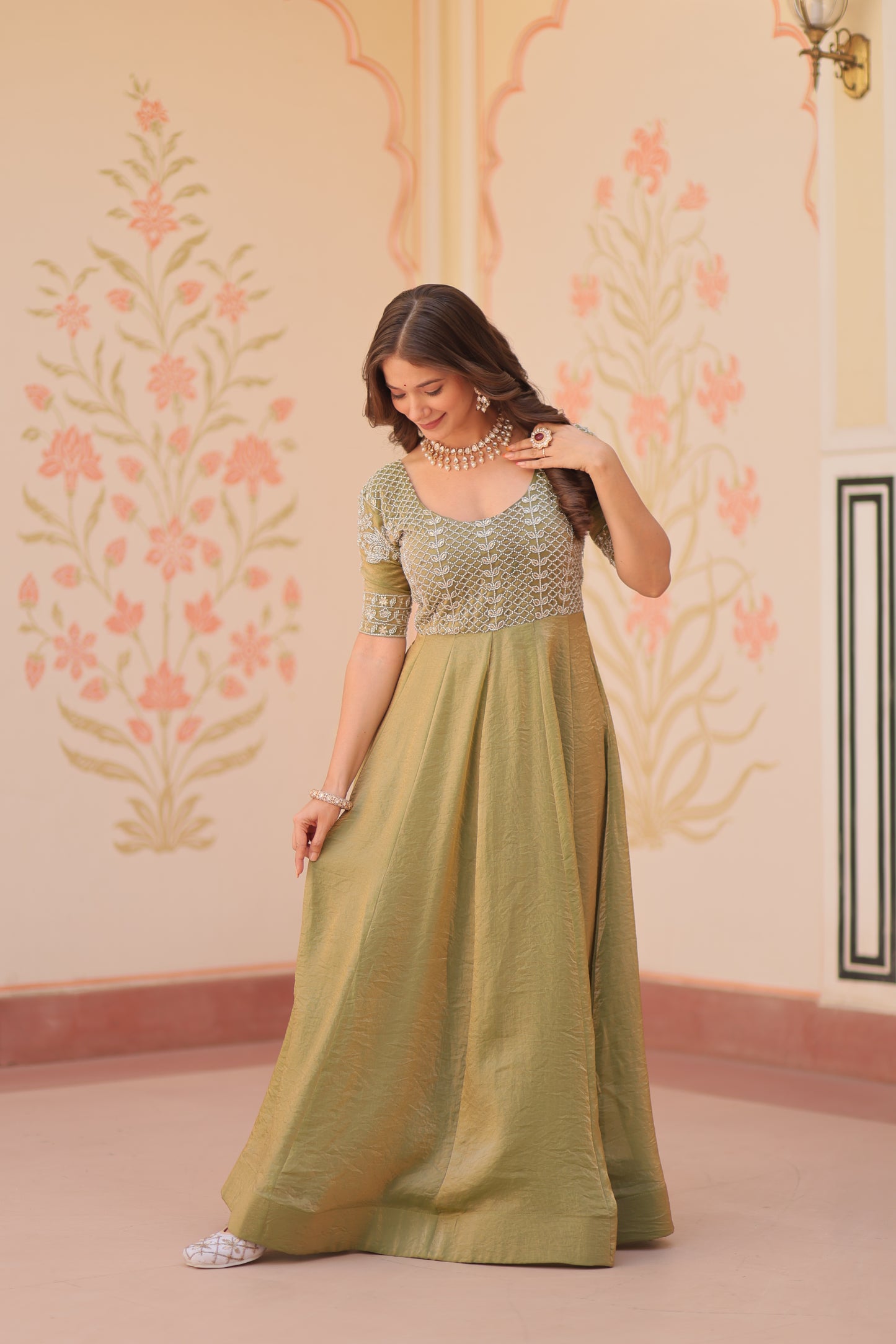 Premium Fendy Embroidered Designer Gown – Readymade Kali Stitch with Canvas Patta