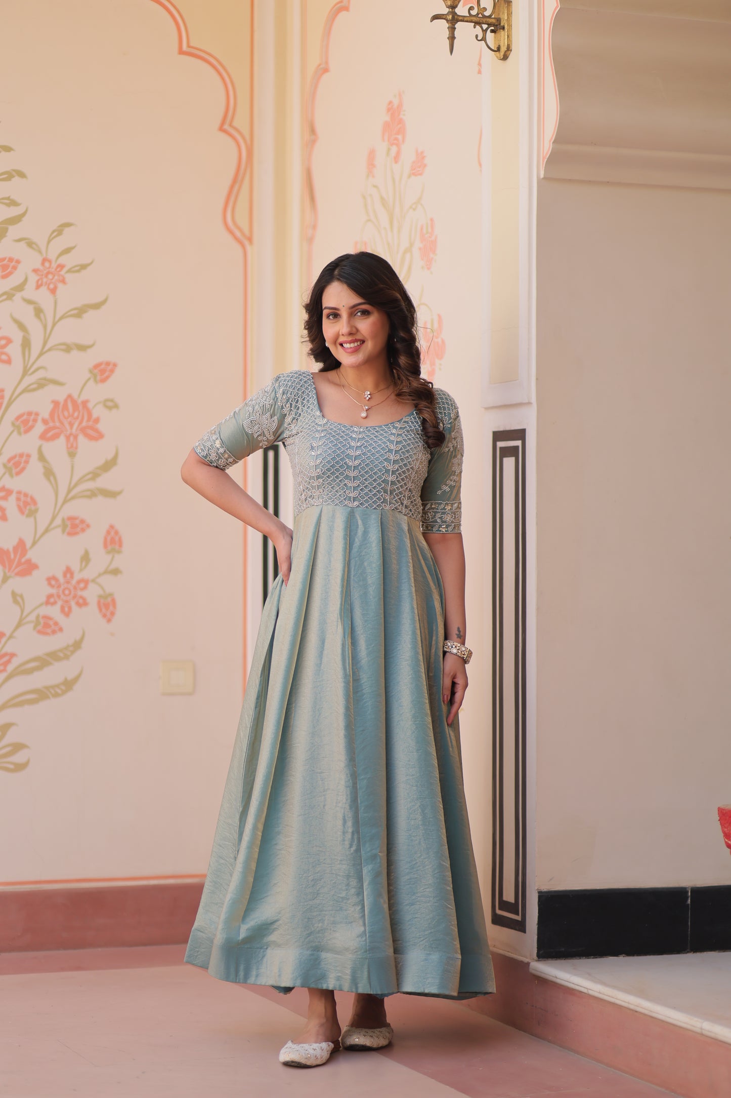 Premium Fendy Embroidered Designer Gown – Readymade Kali Stitch with Canvas Patta