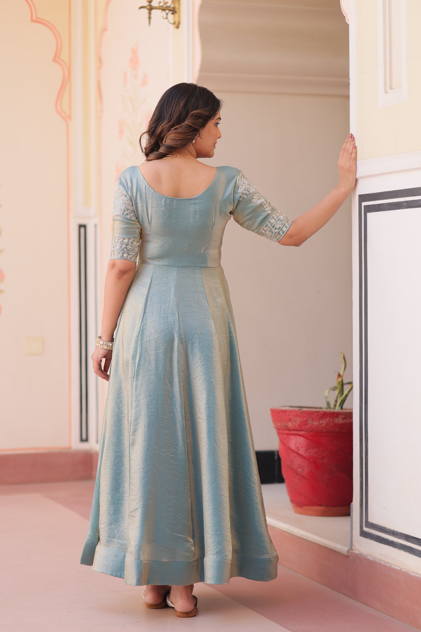 Premium Fendy Embroidered Designer Gown – Readymade Kali Stitch with Canvas Patta