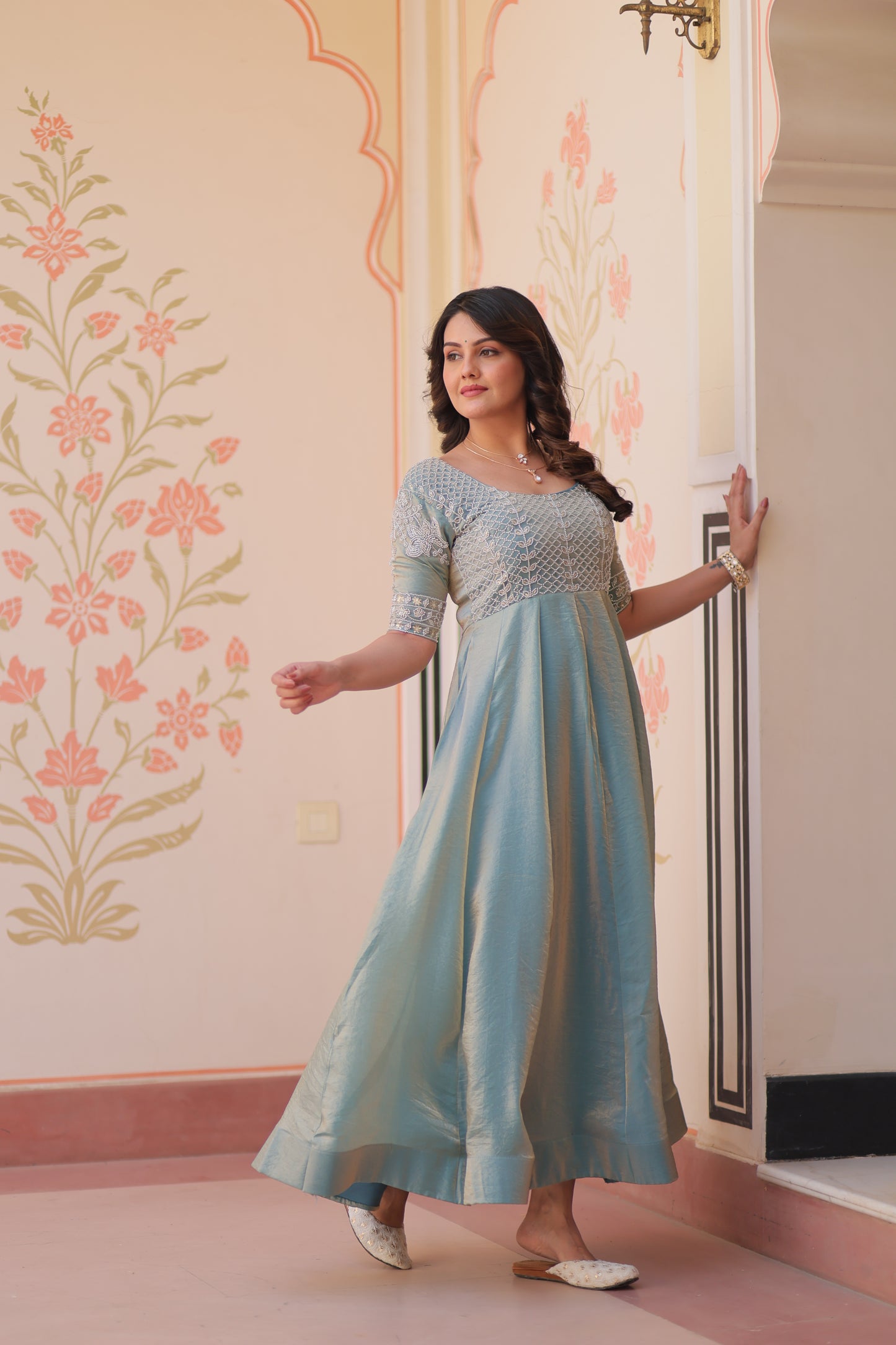 Premium Fendy Embroidered Designer Gown – Readymade Kali Stitch with Canvas Patta