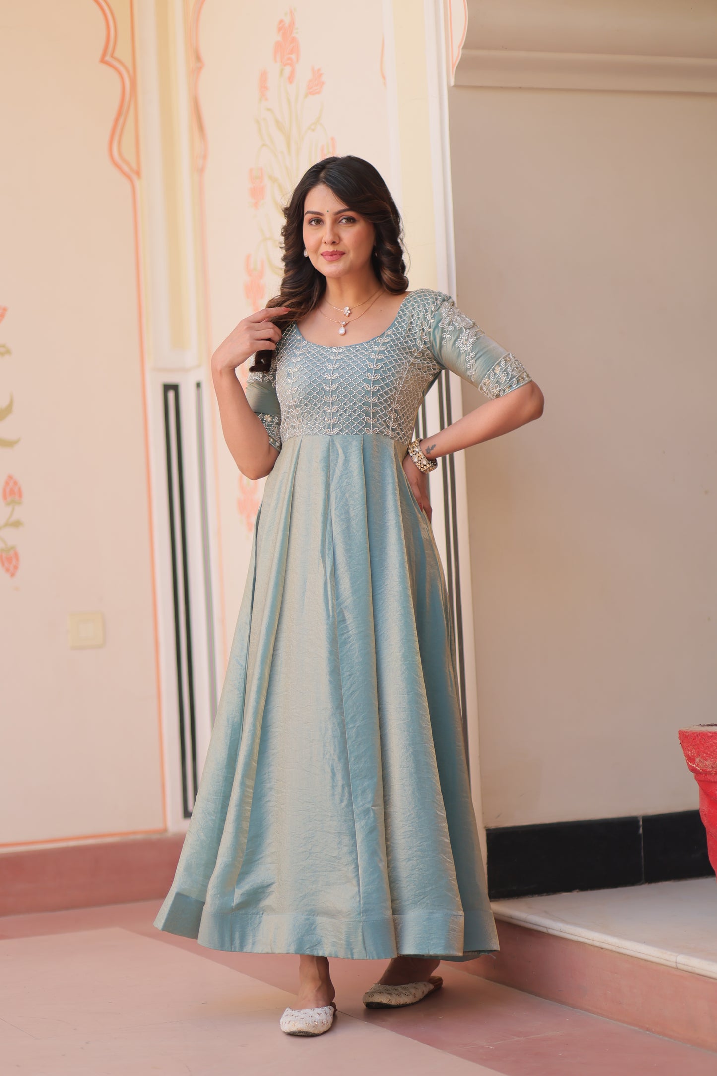 Premium Fendy Embroidered Designer Gown – Readymade Kali Stitch with Canvas Patta