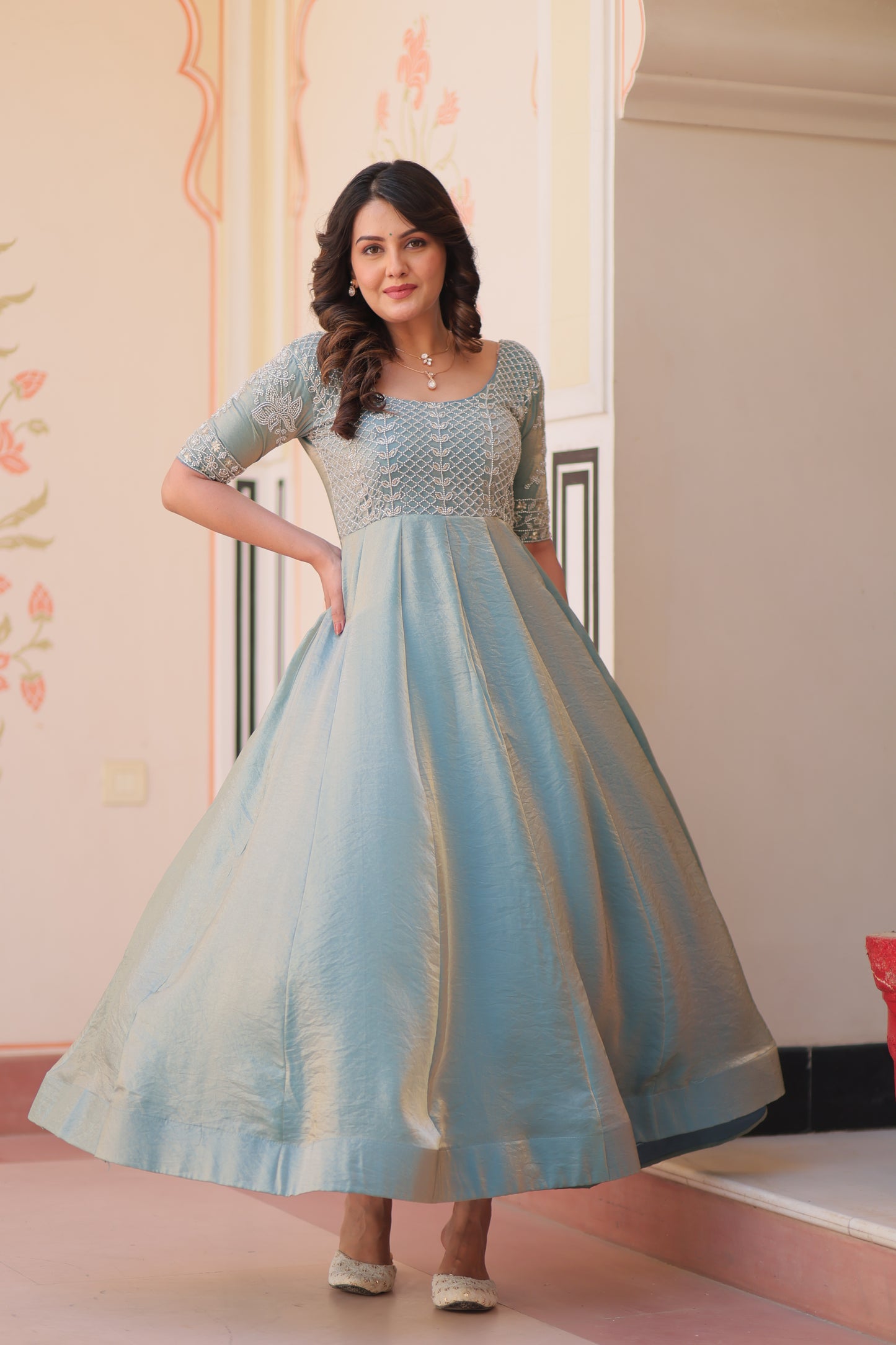 Premium Fendy Embroidered Designer Gown – Readymade Kali Stitch with Canvas Patta