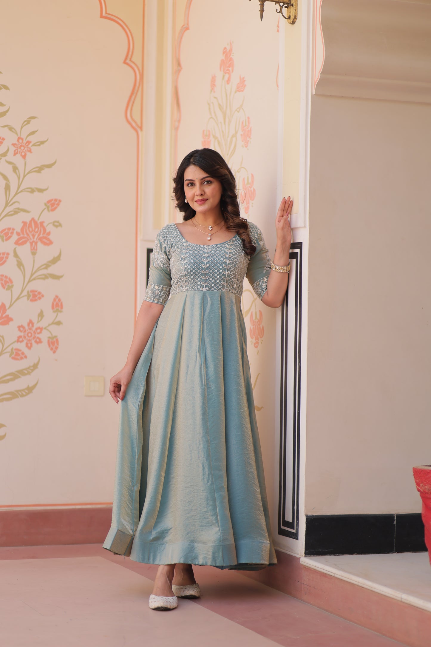 Premium Fendy Embroidered Designer Gown – Readymade Kali Stitch with Canvas Patta