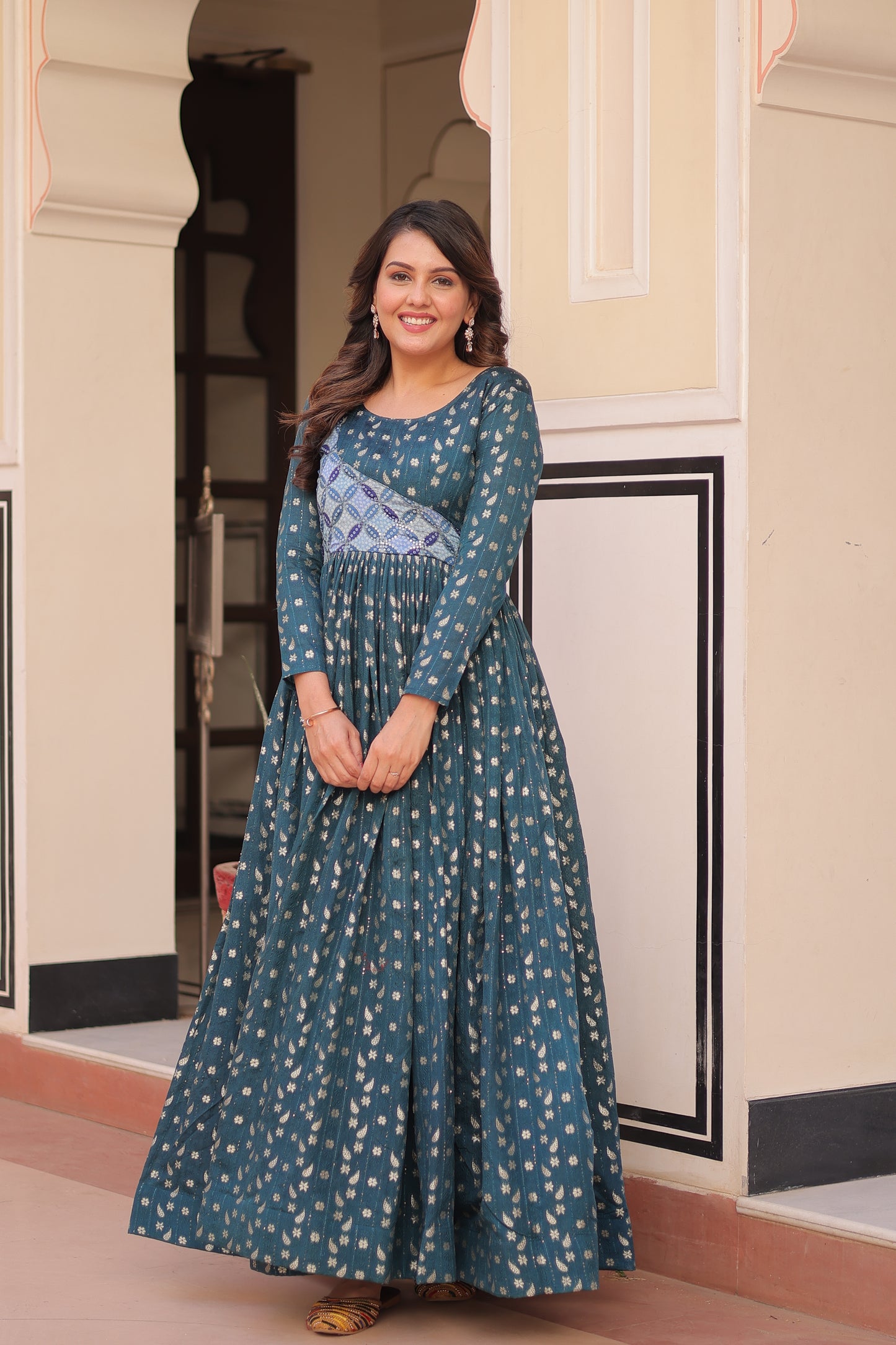 Premium Readymade Ethnic Gown for Women – Position Print Choli with Staple Jacquard Weaving