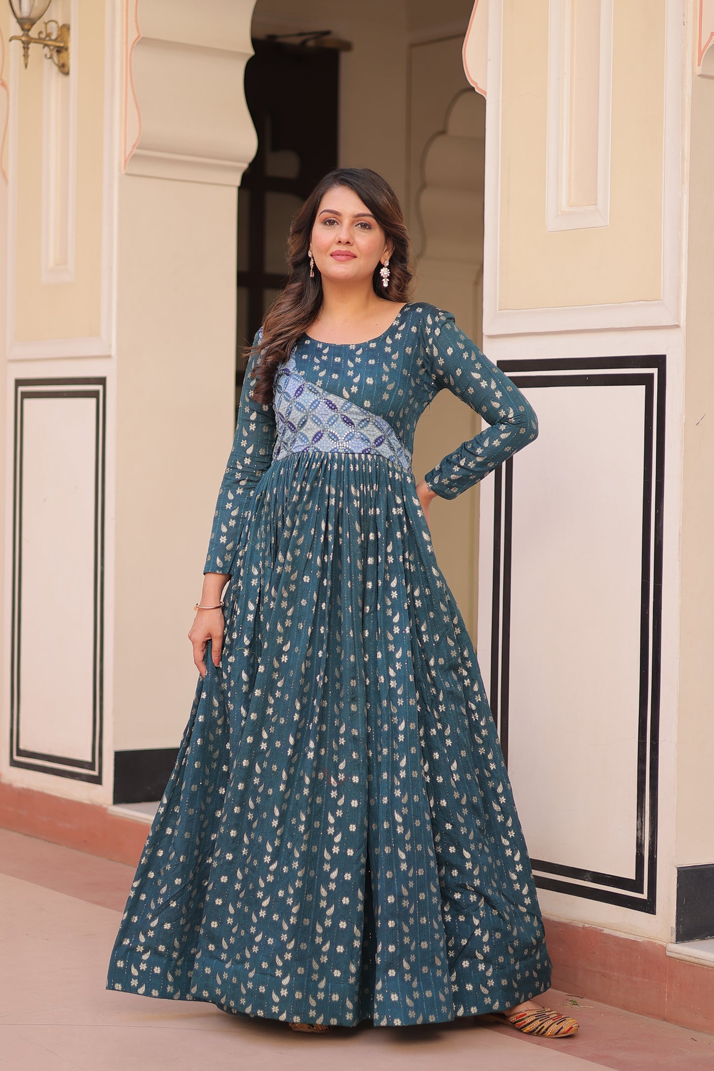 Premium Readymade Ethnic Gown for Women – Position Print Choli with Staple Jacquard Weaving