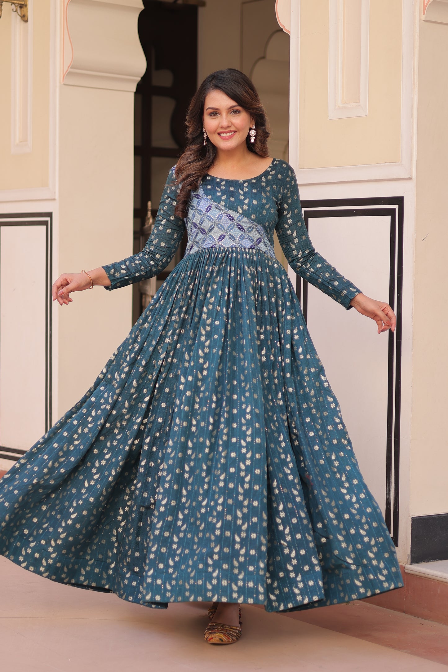 Premium Readymade Ethnic Gown for Women – Position Print Choli with Staple Jacquard Weaving