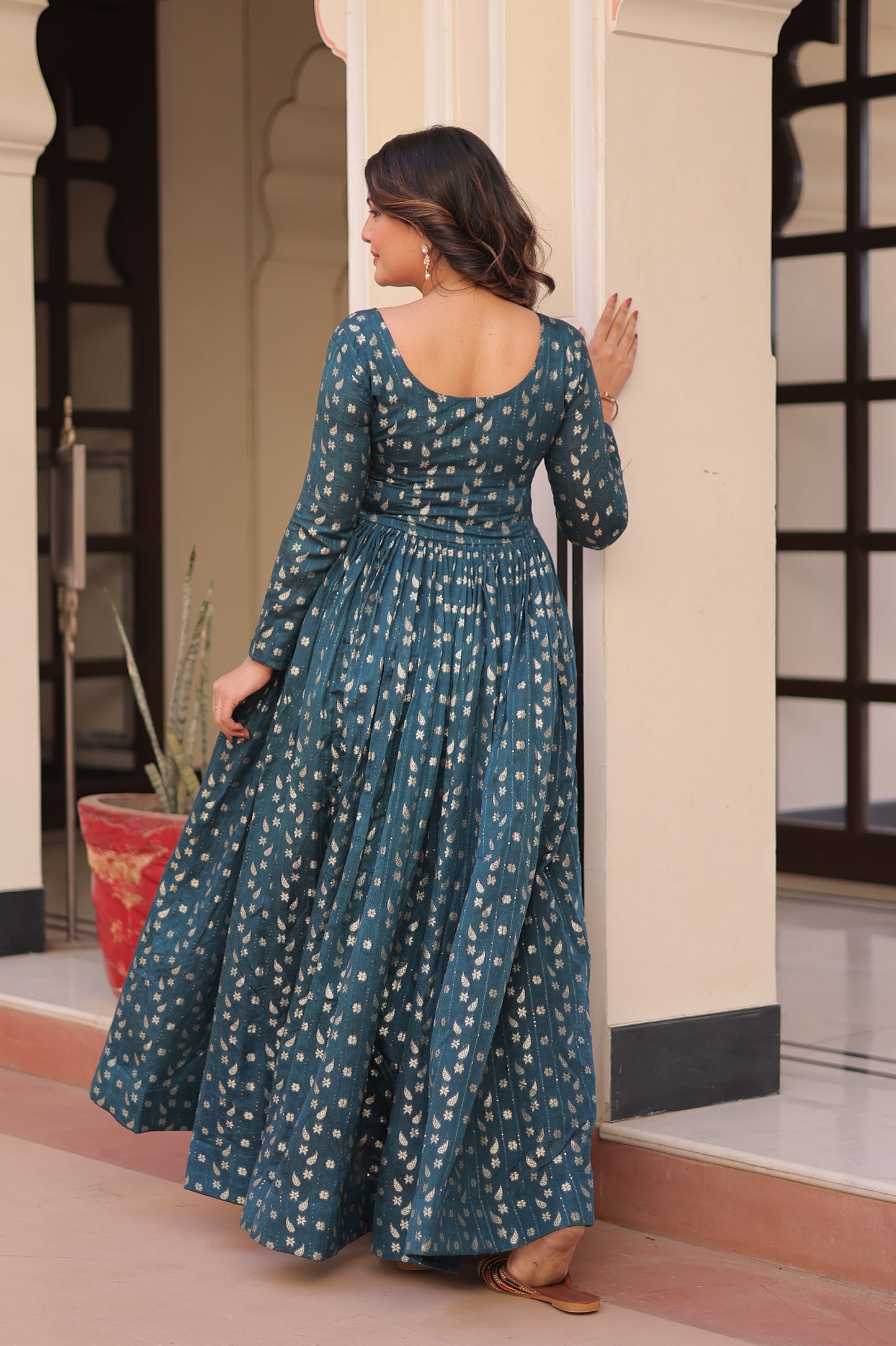 Premium Readymade Ethnic Gown for Women – Position Print Choli with Staple Jacquard Weaving