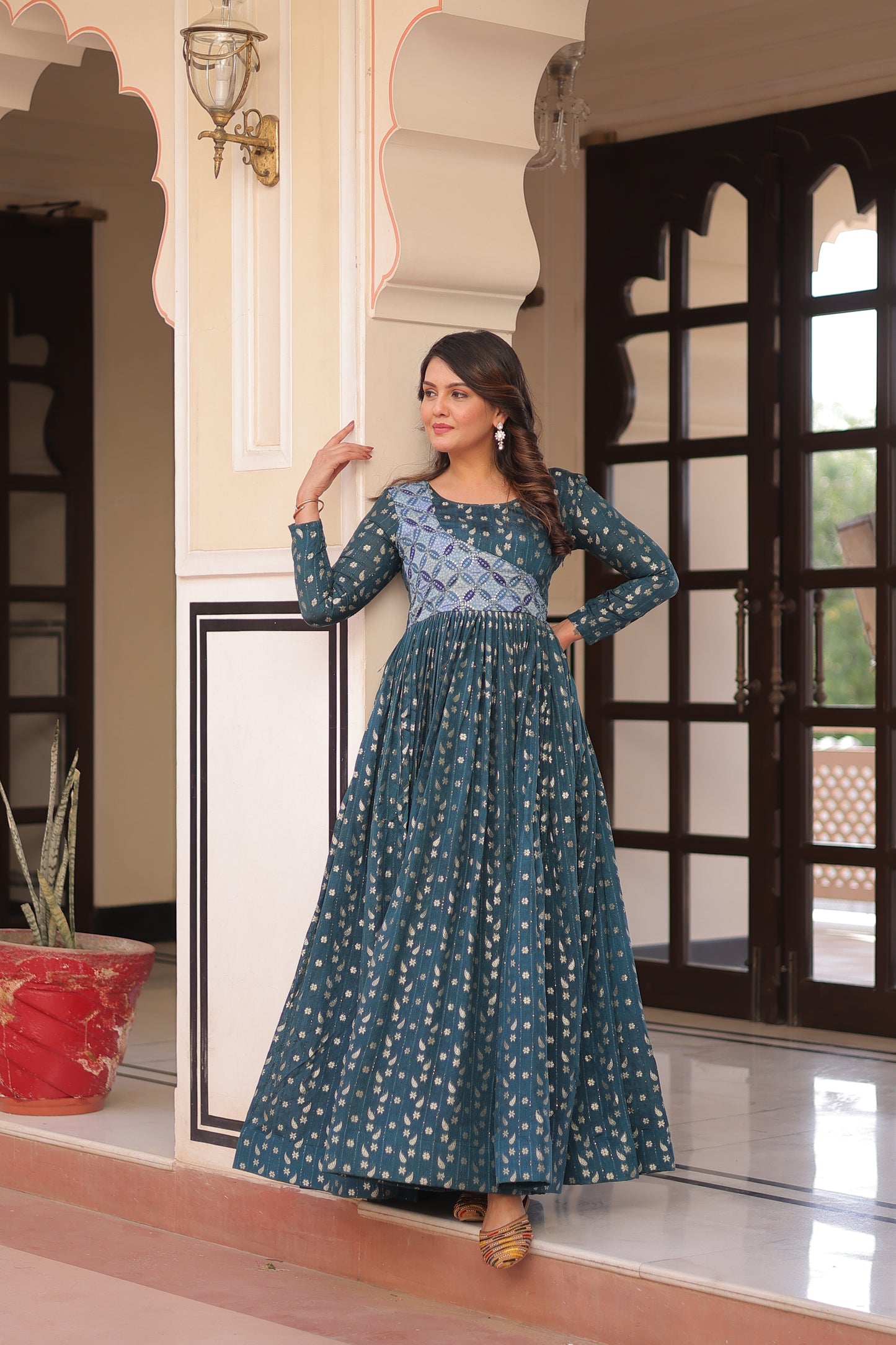 Premium Readymade Ethnic Gown for Women – Position Print Choli with Staple Jacquard Weaving