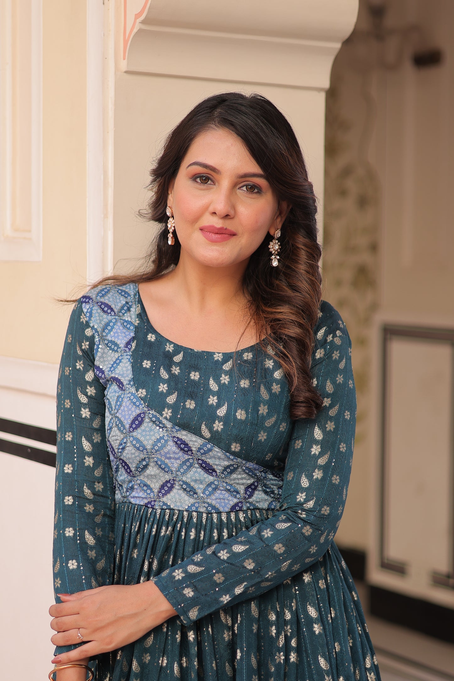 Premium Readymade Ethnic Gown for Women – Position Print Choli with Staple Jacquard Weaving