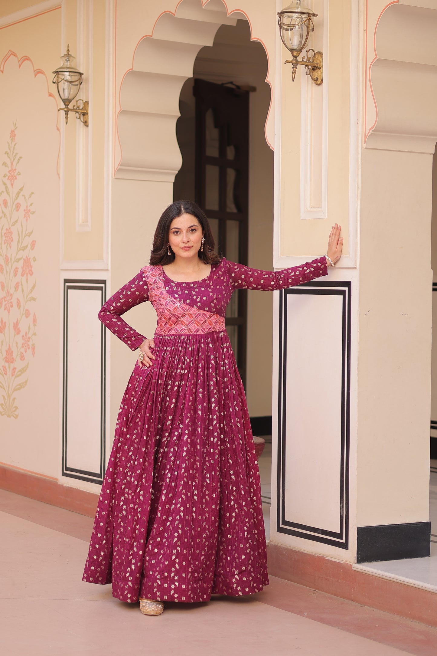 Premium Readymade Ethnic Gown for Women – Position Print Choli with Staple Jacquard Weaving