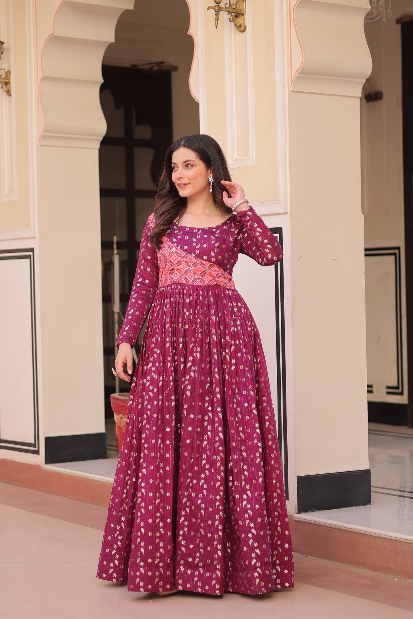 Premium Readymade Ethnic Gown for Women – Position Print Choli with Staple Jacquard Weaving