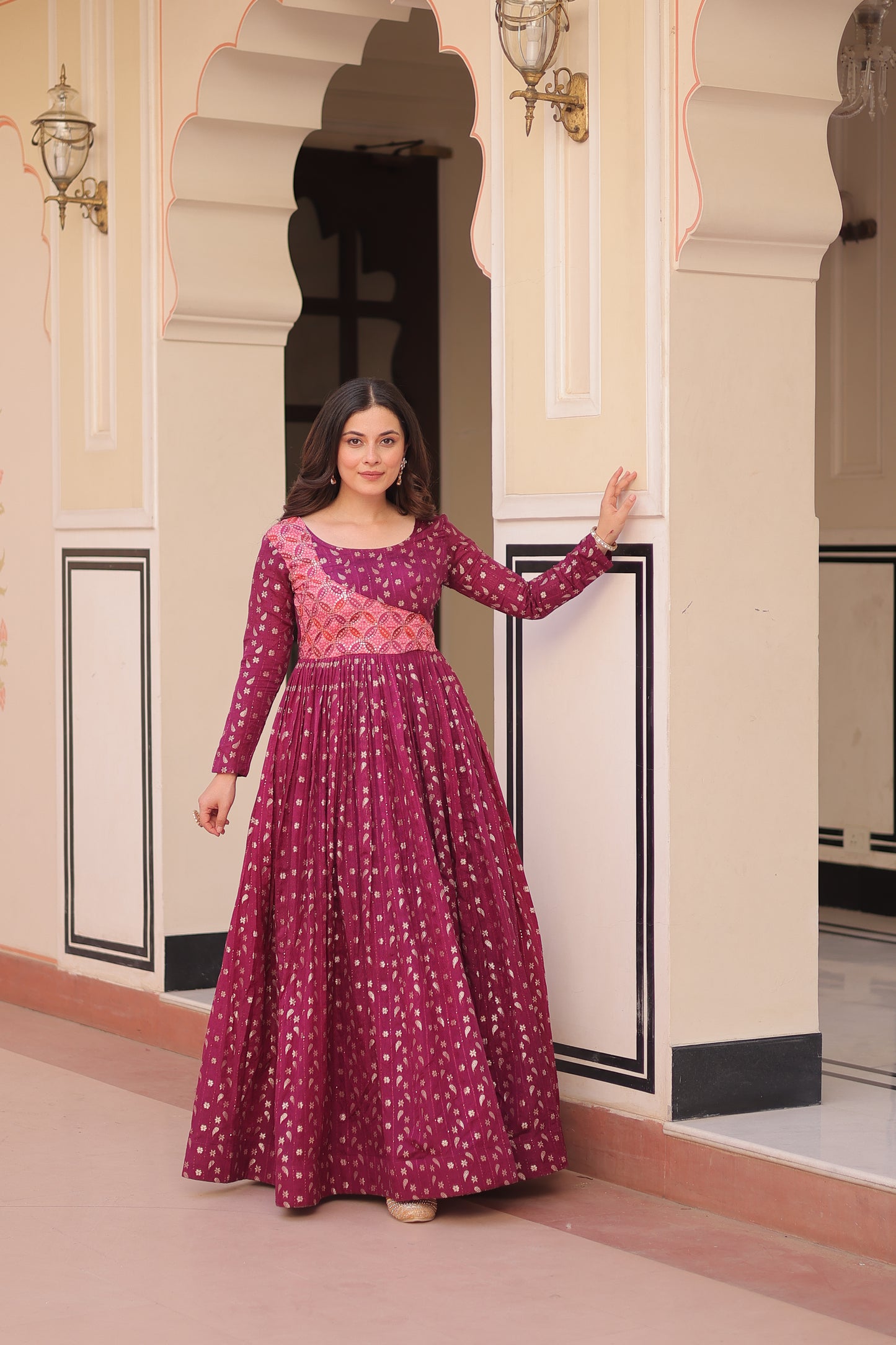 Premium Readymade Ethnic Gown for Women – Position Print Choli with Staple Jacquard Weaving