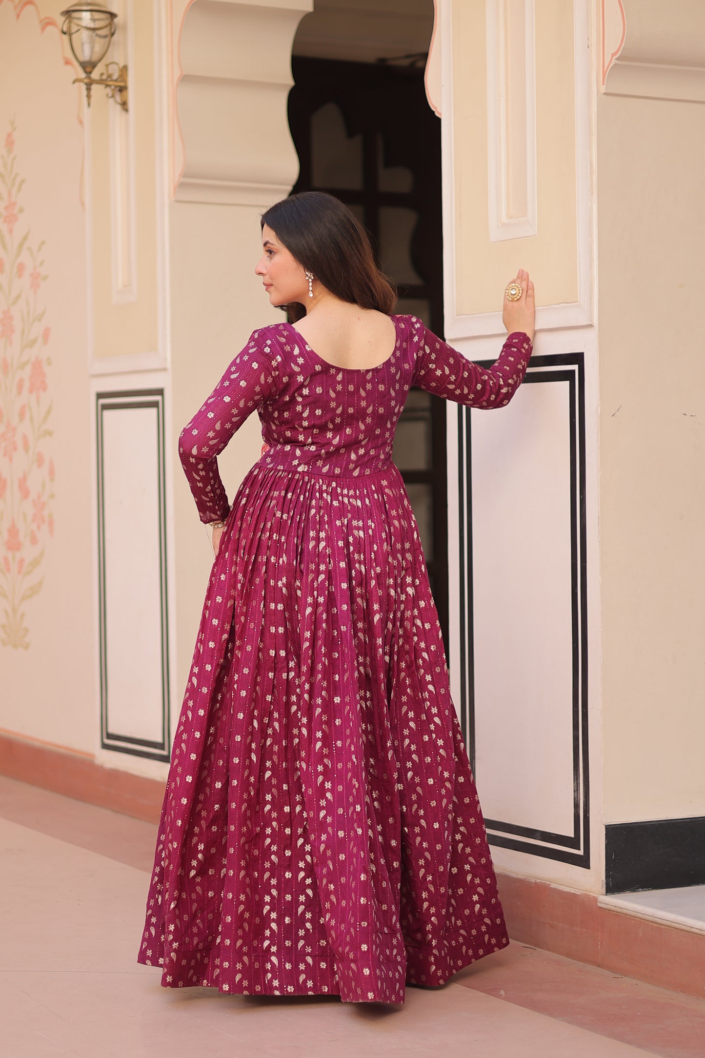 Premium Readymade Ethnic Gown for Women – Position Print Choli with Staple Jacquard Weaving