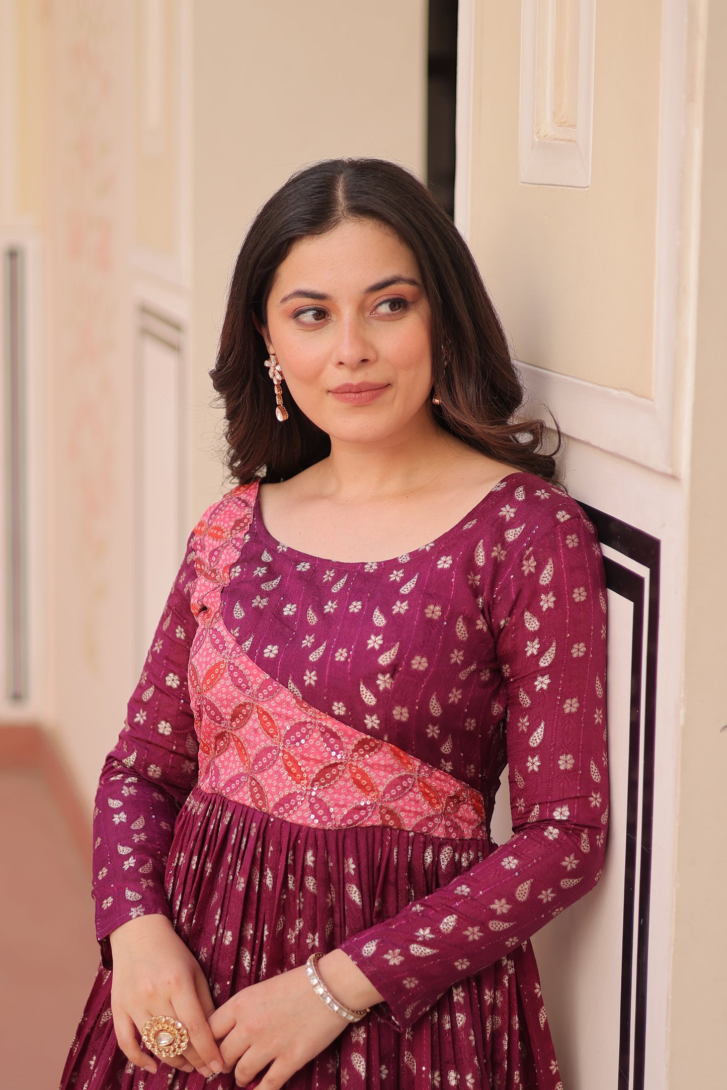 Premium Readymade Ethnic Gown for Women – Position Print Choli with Staple Jacquard Weaving