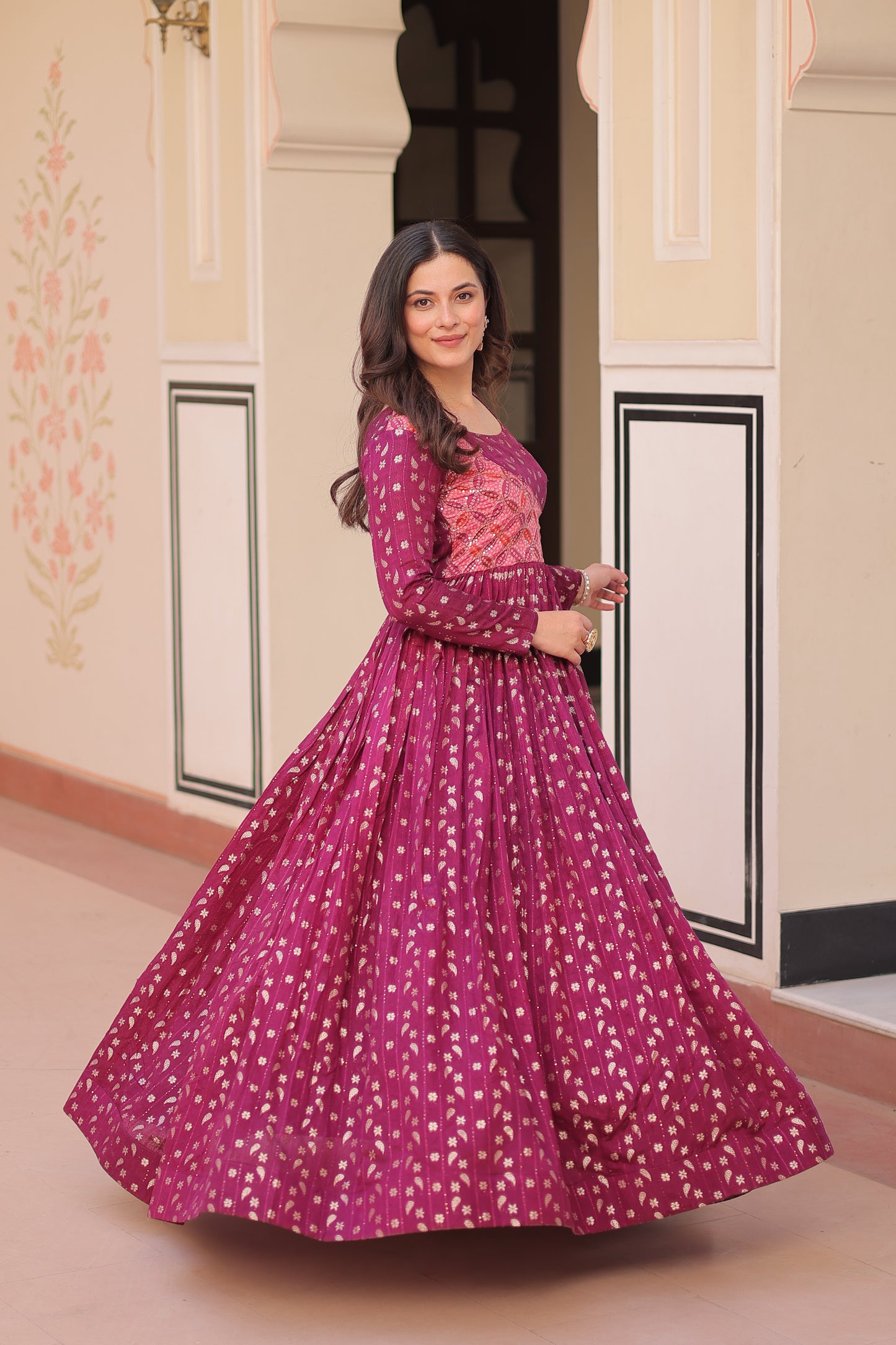 Premium Readymade Ethnic Gown for Women – Position Print Choli with Staple Jacquard Weaving