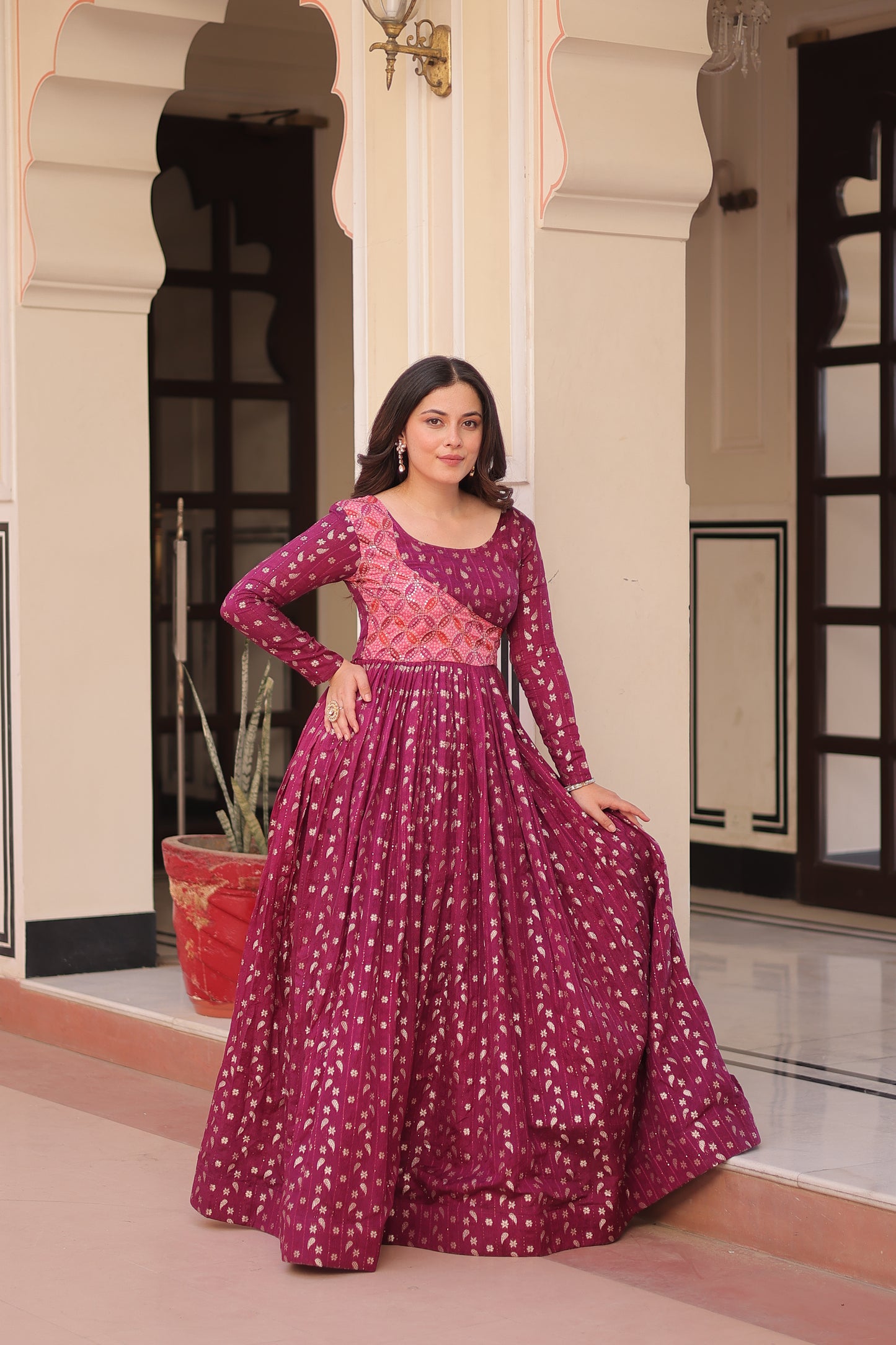Premium Readymade Ethnic Gown for Women – Position Print Choli with Staple Jacquard Weaving