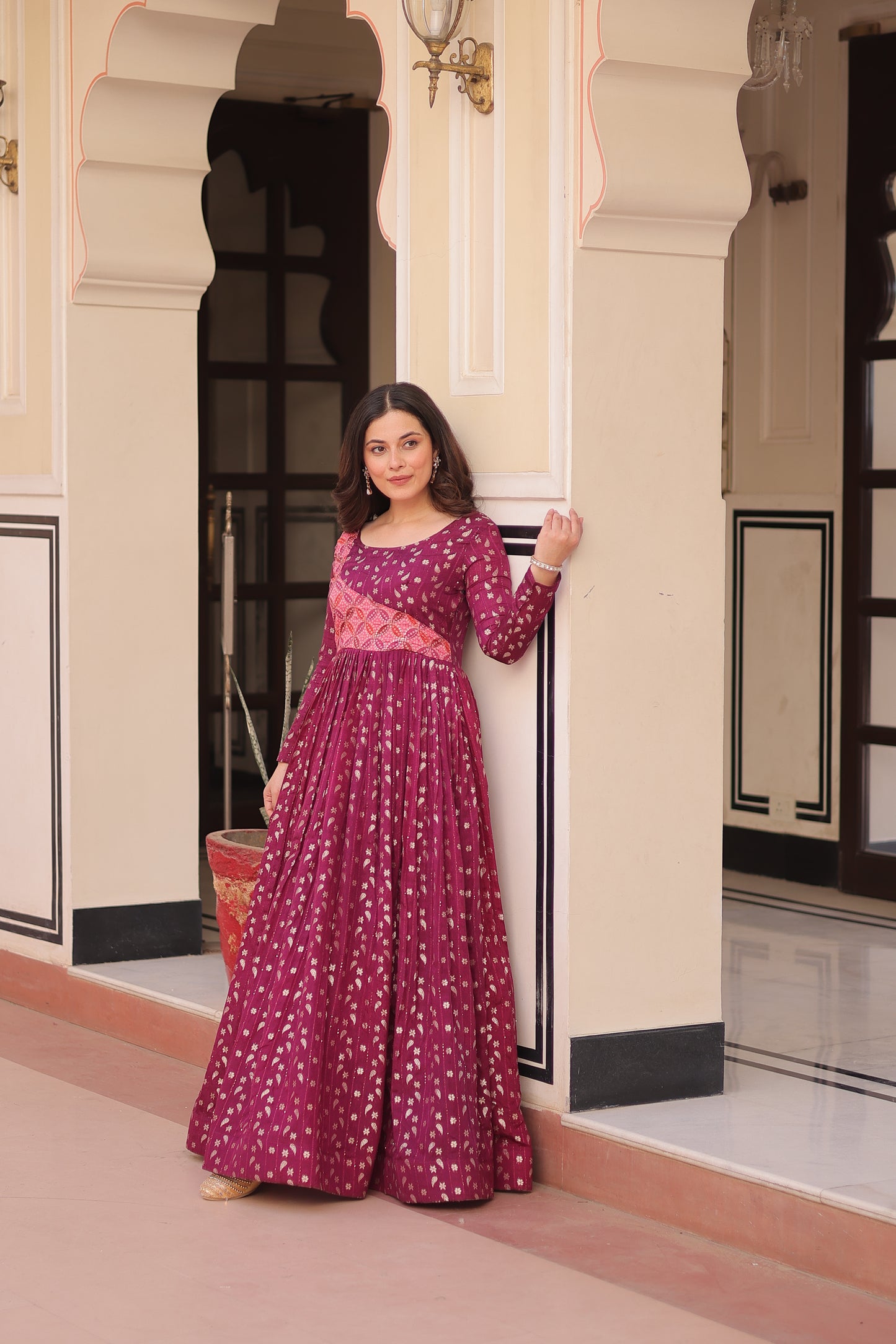 Premium Readymade Ethnic Gown for Women – Position Print Choli with Staple Jacquard Weaving