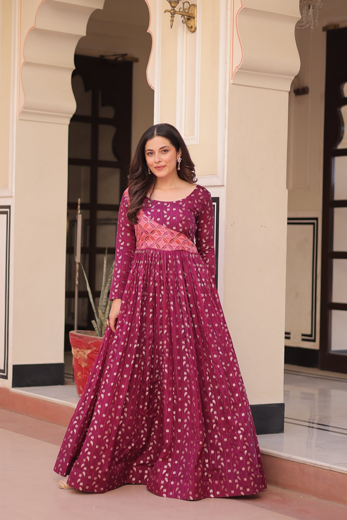 Premium Readymade Ethnic Gown for Women – Position Print Choli with Staple Jacquard Weaving