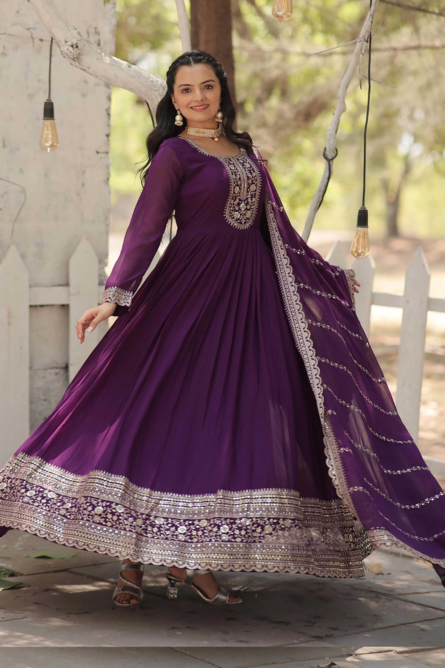 Georgette Party Wear Gown with Sequins Embroidery & Arco-Cut Work Dupatta