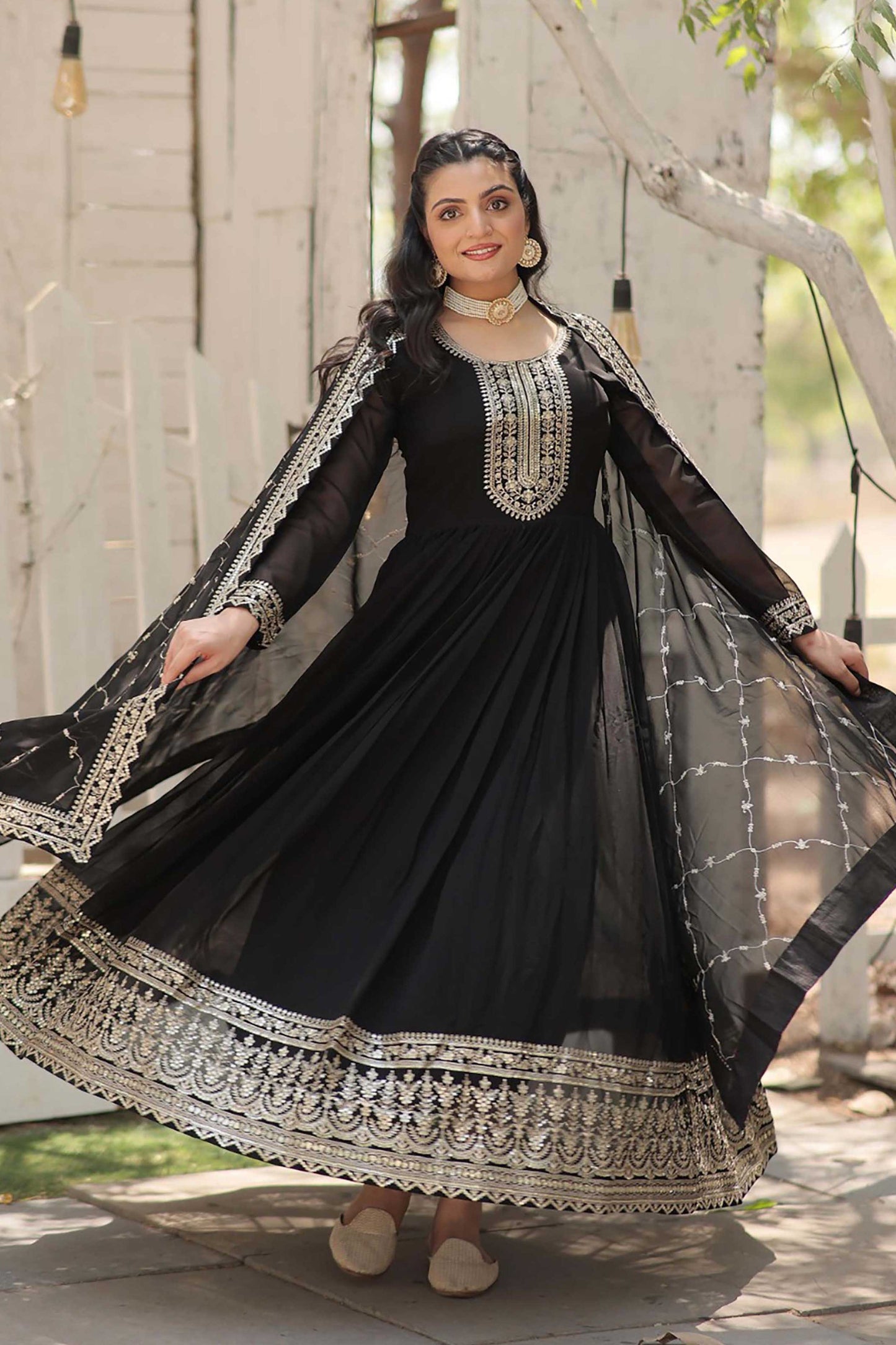 Georgette Party Wear Gown with Sequins Embroidery & Arco-Cut Work Dupatta