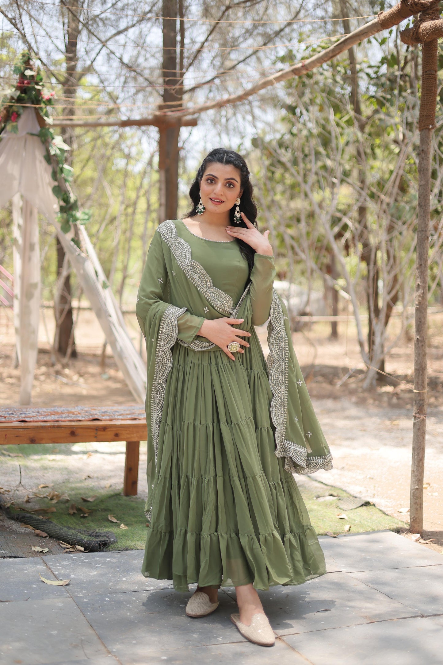 Desirable Women’s Gown with Designer Embroidered Dupatta – Faux Blooming Fabric & 12-Meter Flair
