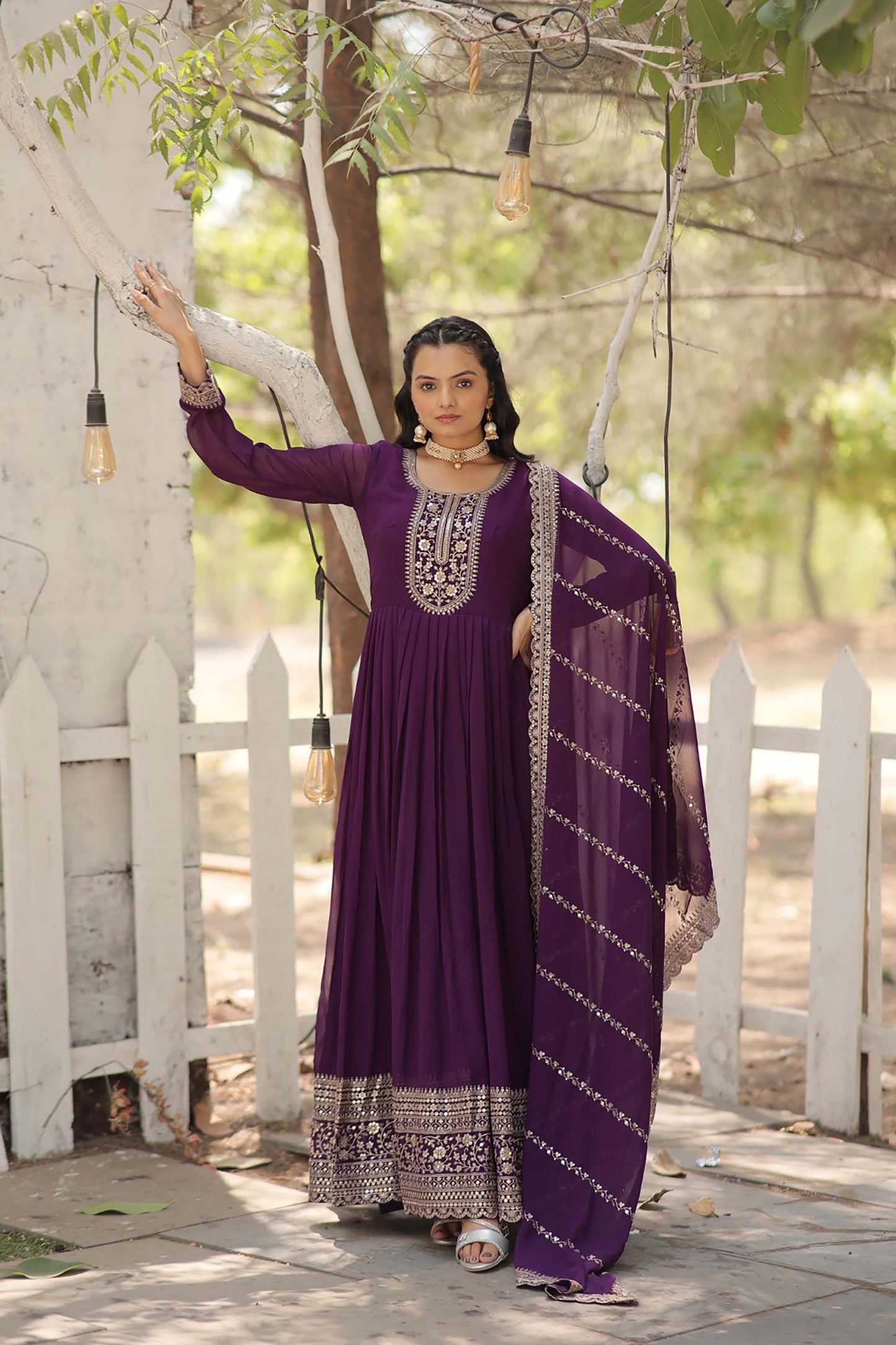Georgette Party Wear Gown with Sequins Embroidery & Arco-Cut Work Dupatta
