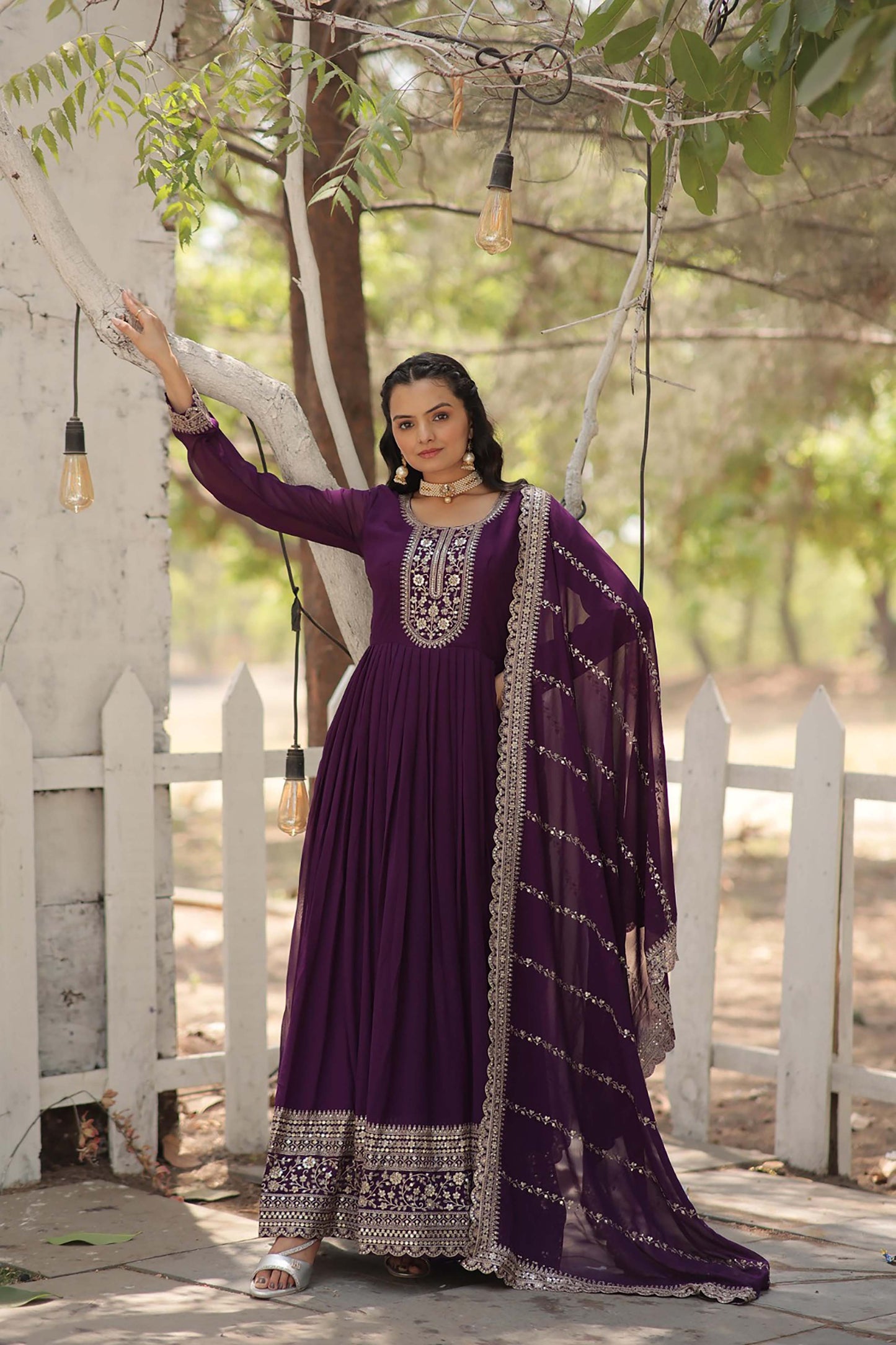 Georgette Party Wear Gown with Sequins Embroidery & Arco-Cut Work Dupatta
