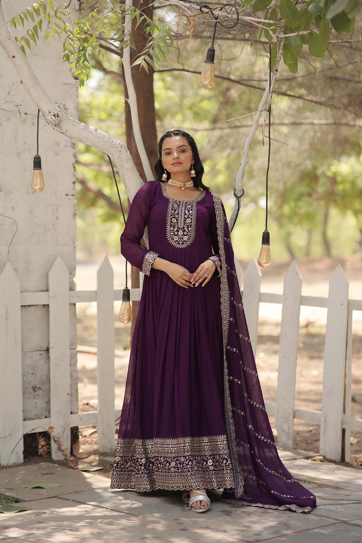 Georgette Party Wear Gown with Sequins Embroidery & Arco-Cut Work Dupatta