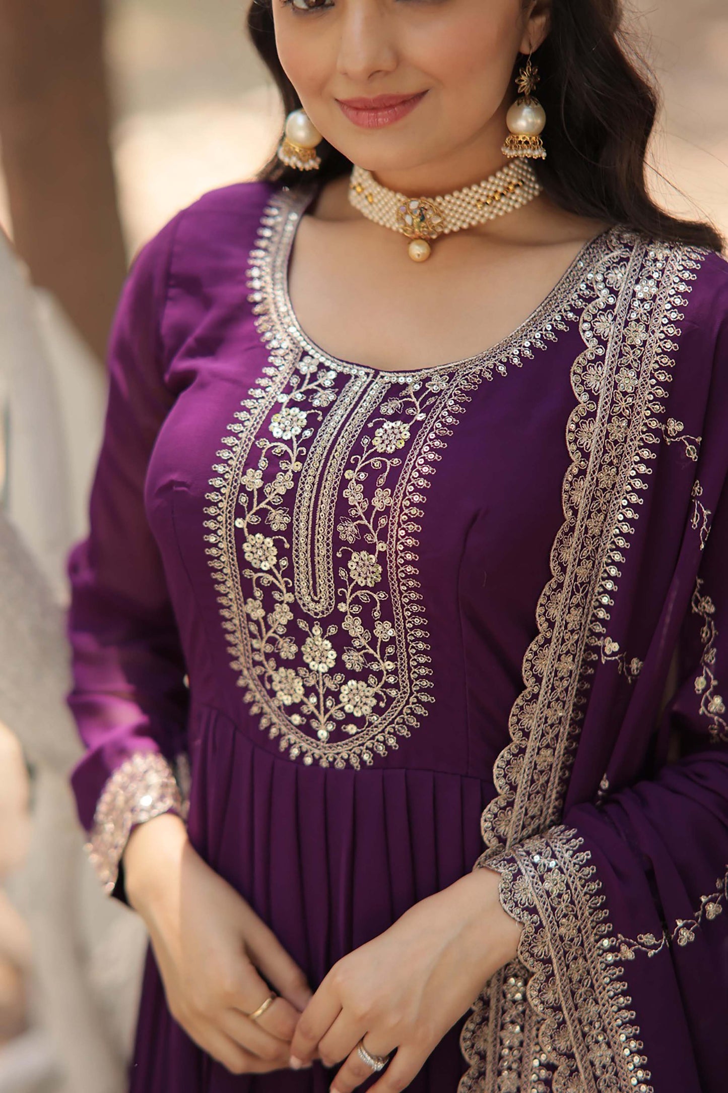 Georgette Party Wear Gown with Sequins Embroidery & Arco-Cut Work Dupatta