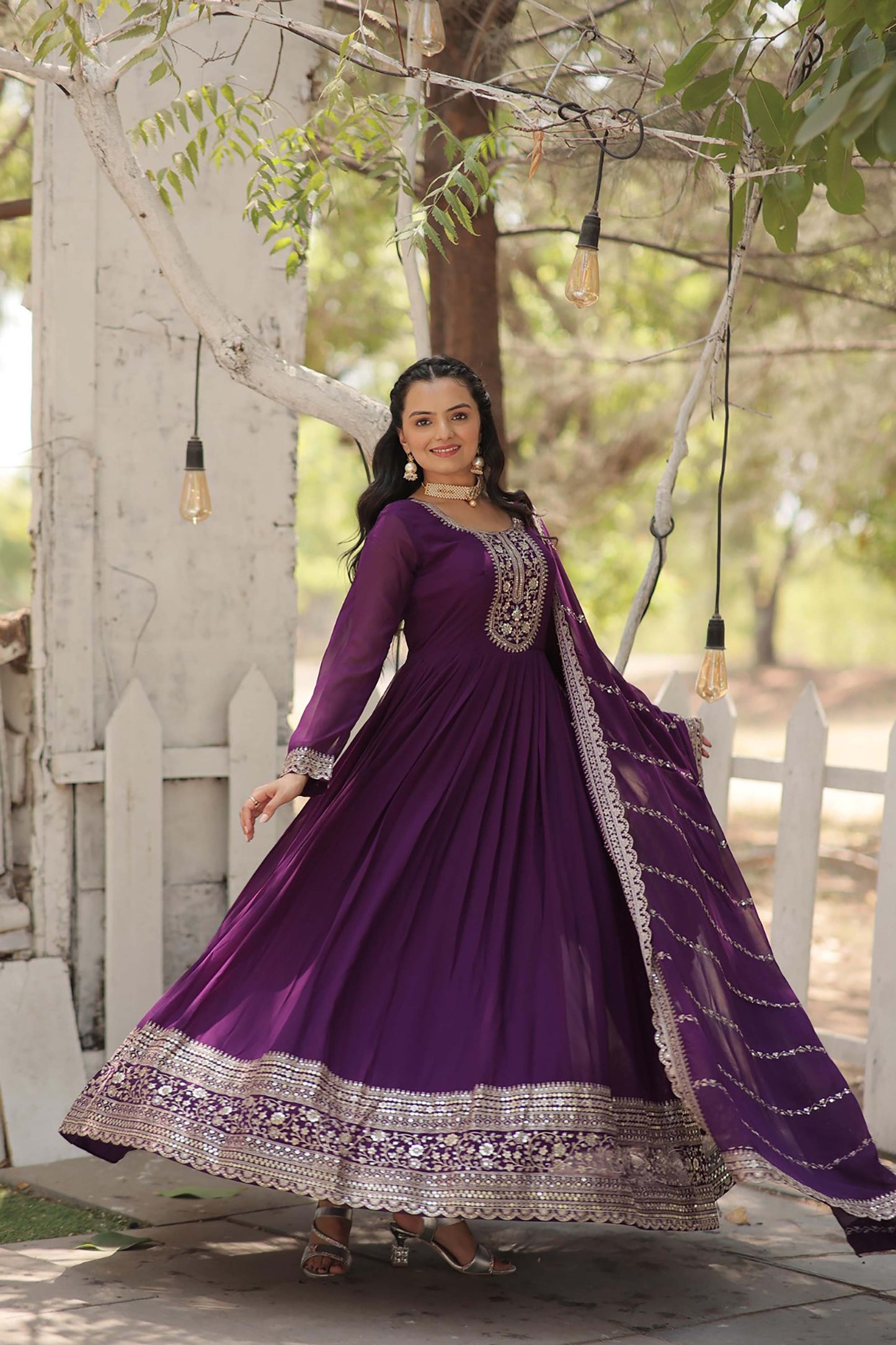 Georgette Party Wear Gown with Sequins Embroidery & Arco-Cut Work Dupatta