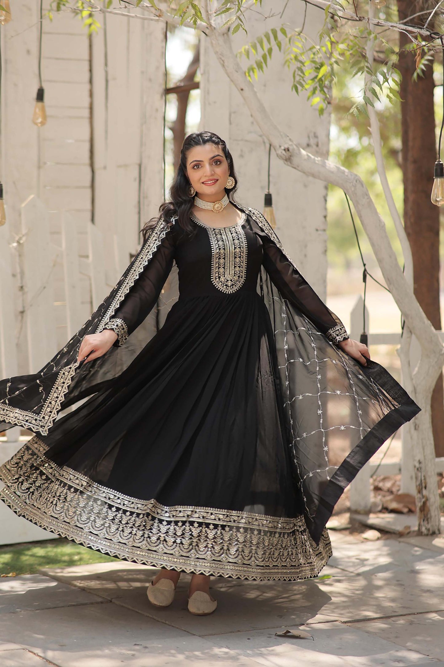 Georgette Party Wear Gown with Sequins Embroidery & Arco-Cut Work Dupatta