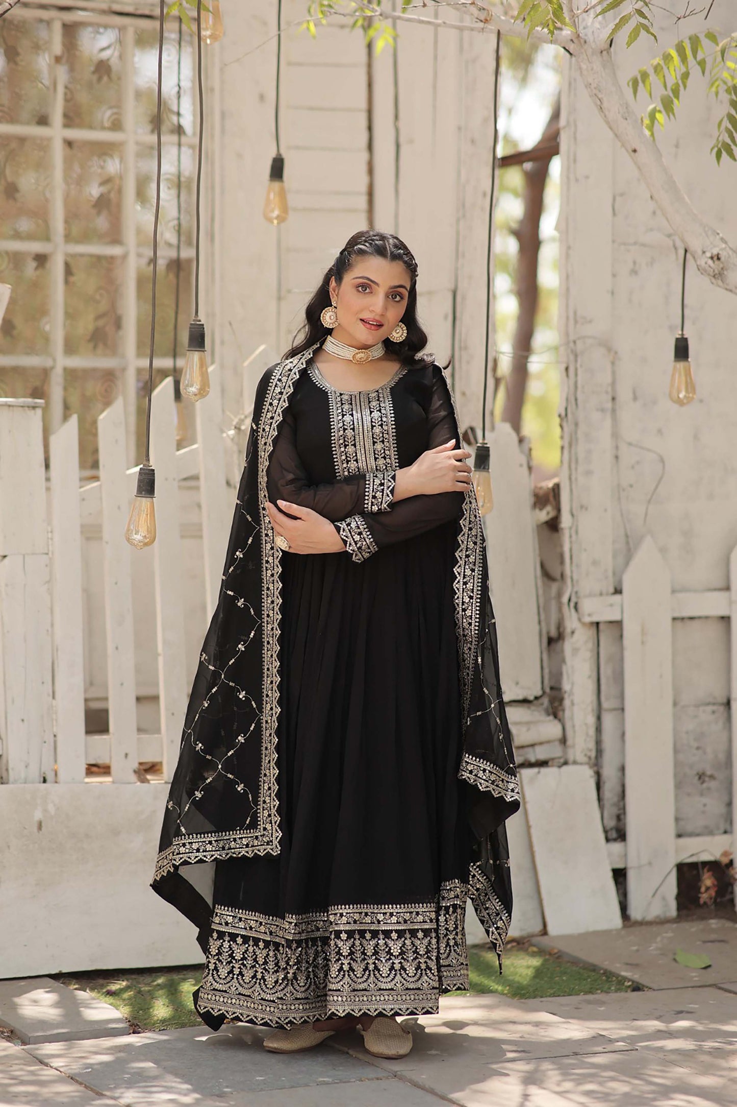 Georgette Party Wear Gown with Sequins Embroidery & Arco-Cut Work Dupatta