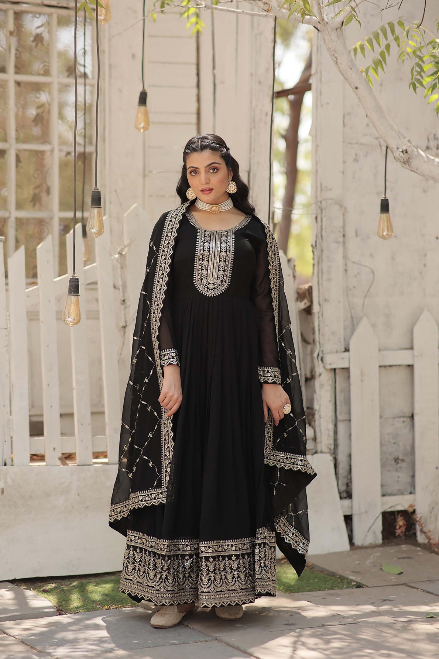 Georgette Party Wear Gown with Sequins Embroidery & Arco-Cut Work Dupatta