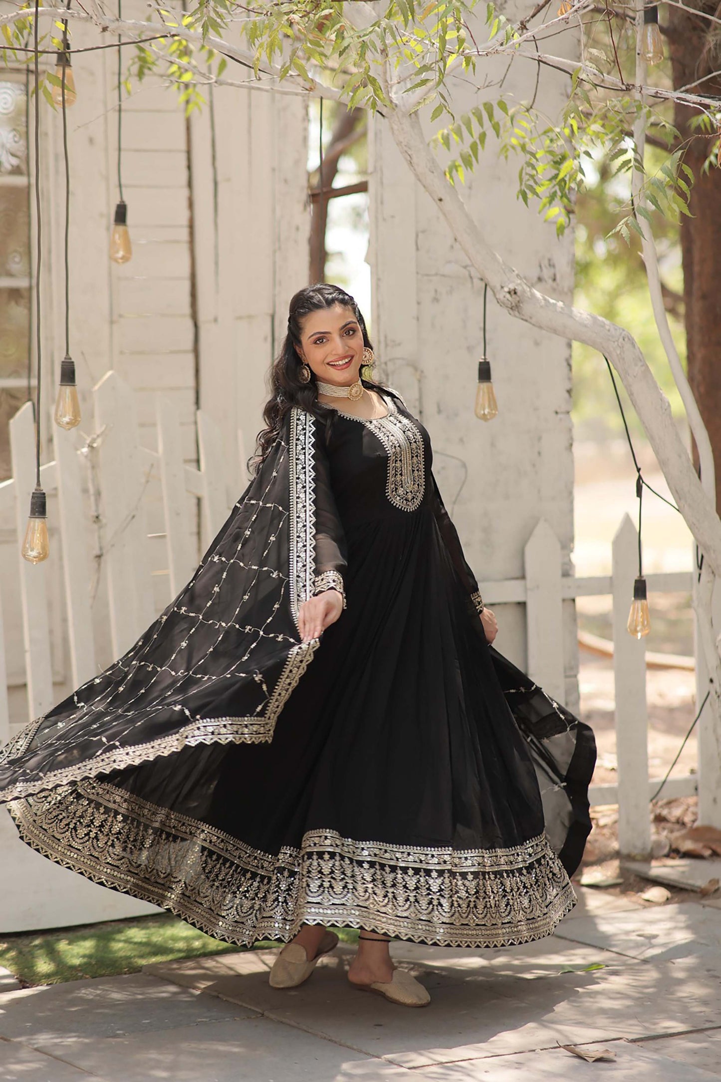 Georgette Party Wear Gown with Sequins Embroidery & Arco-Cut Work Dupatta
