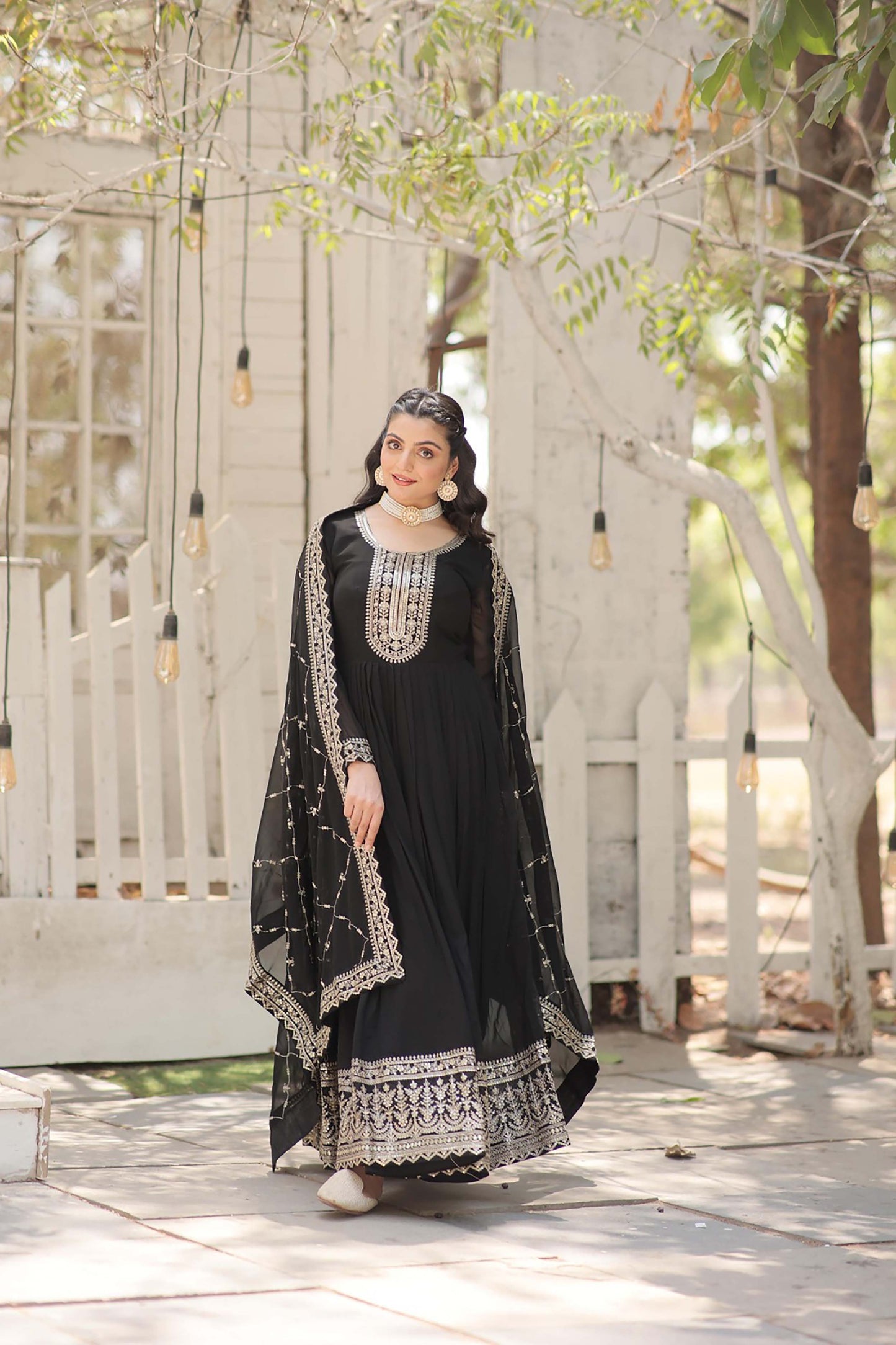 Georgette Party Wear Gown with Sequins Embroidery & Arco-Cut Work Dupatta