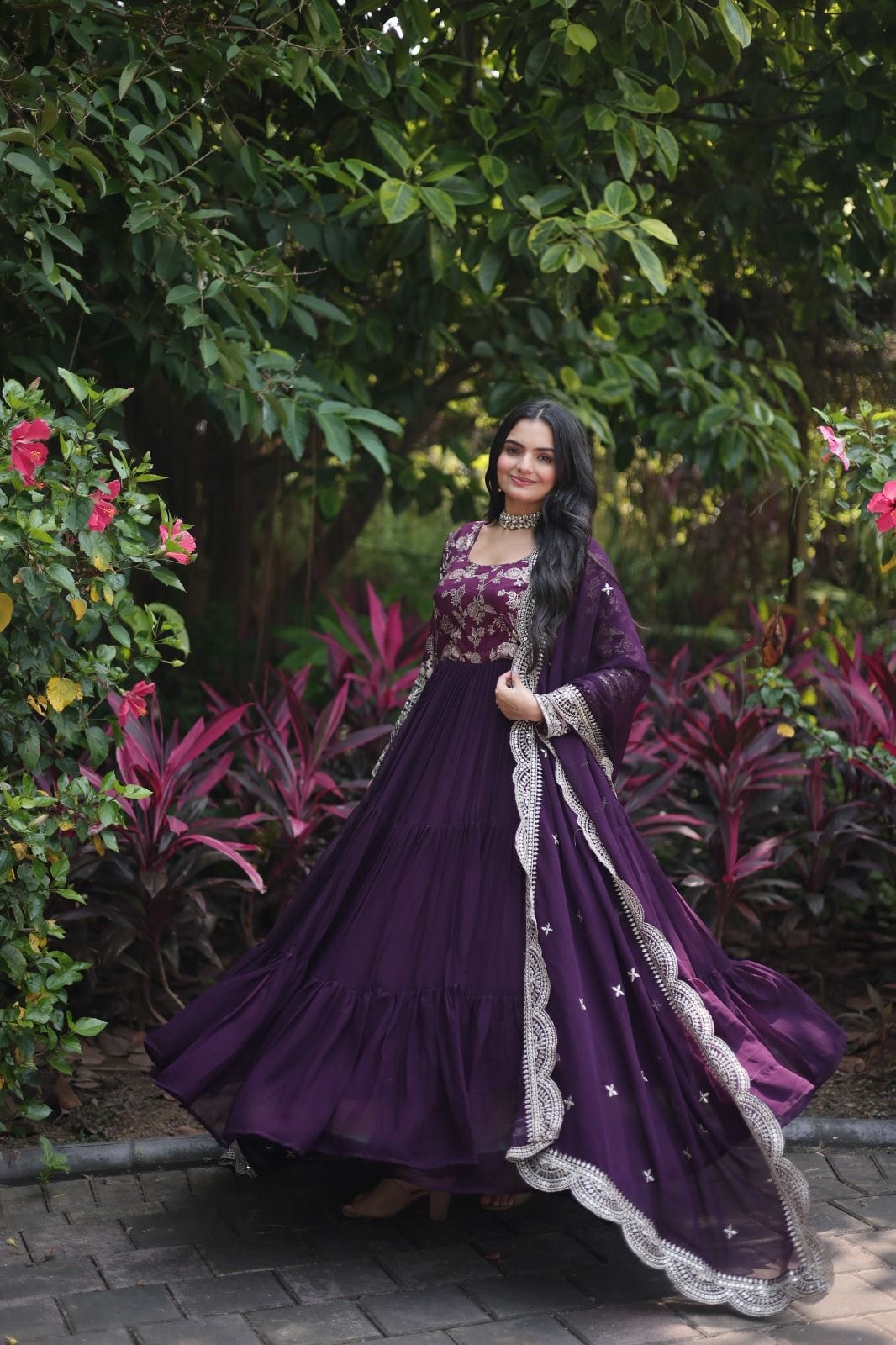 Flared Ethnic Gown with Bandhani Organza Dupatta – Sequins Embroidery & 12-Meter Flair