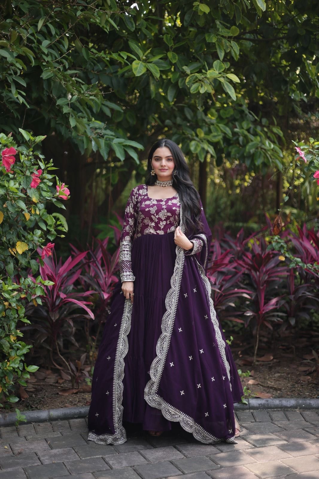 Flared Ethnic Gown with Bandhani Organza Dupatta – Sequins Embroidery & 12-Meter Flair