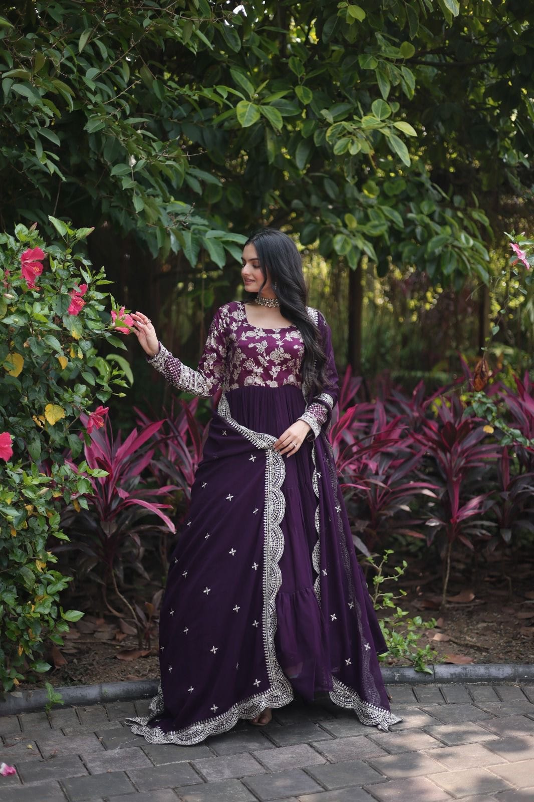 Flared Ethnic Gown with Bandhani Organza Dupatta – Sequins Embroidery & 12-Meter Flair